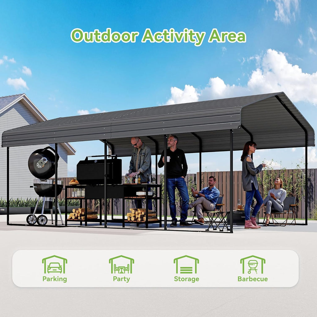Real Relax 12x20FT Heavy Duty Metal Carport, Outdoor Carport Canopy with Galvanized Steel Roof and Reinforced Base for All-Weather, Garage Shelter Shade for Trucks, Boats, Party, Gray