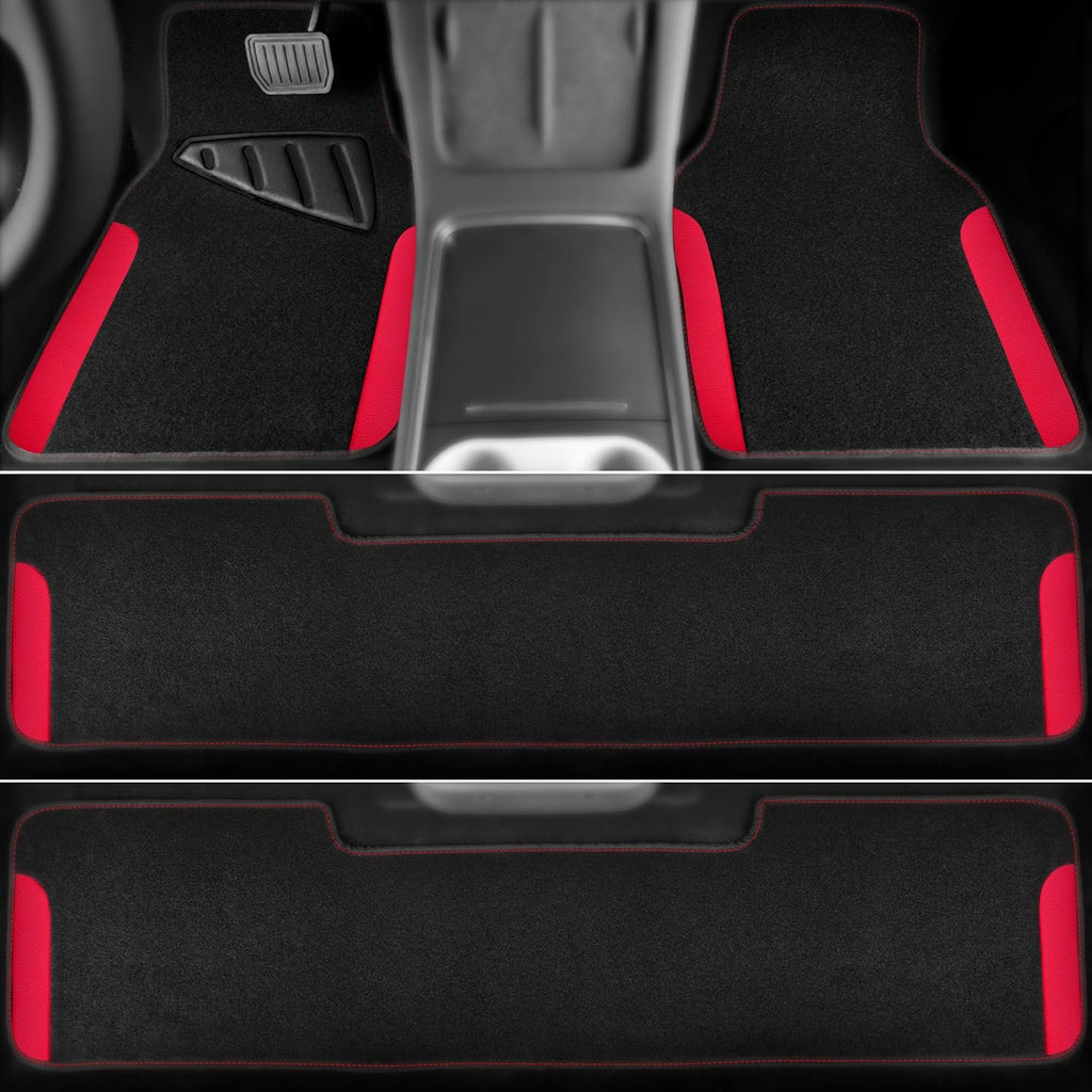 CAR PASS Waterproof Universal Faux Leather 3Row Car Floor Mats, Red Car Mats Fit for SUV,Vans,sedans, Trucks,Set of Vehicles Car Carpet with Driver Heel Pad and Anti-Slip Nibs Backing (Red 3Row)