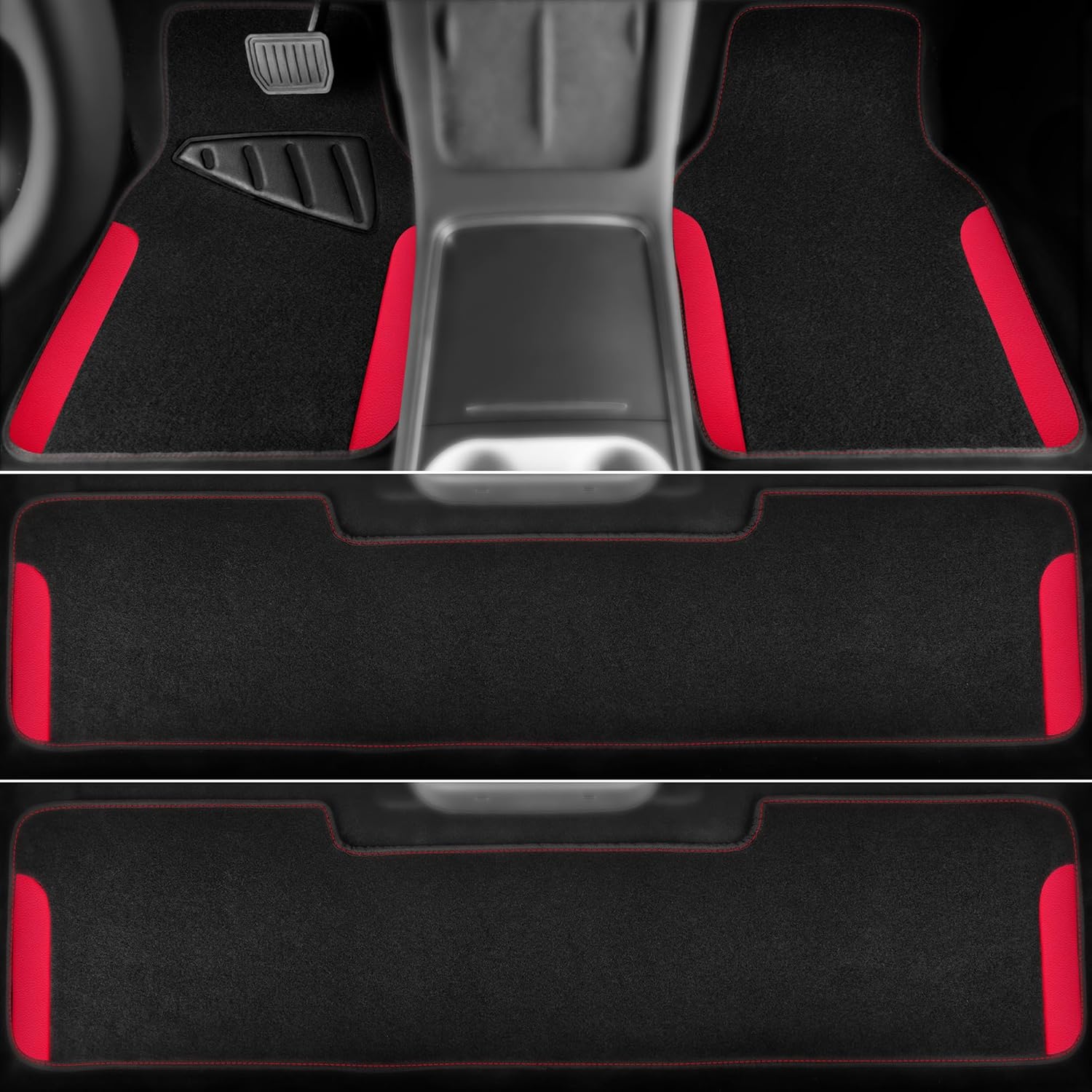 CAR PASS Waterproof Universal Faux Leather 3Row Car Floor Mats, Red Car Mats Fit for SUV,Vans,sedans, Trucks,Set of Vehicles Car Carpet with Driver Heel Pad and Anti-Slip Nibs Backing (Red 3Row)