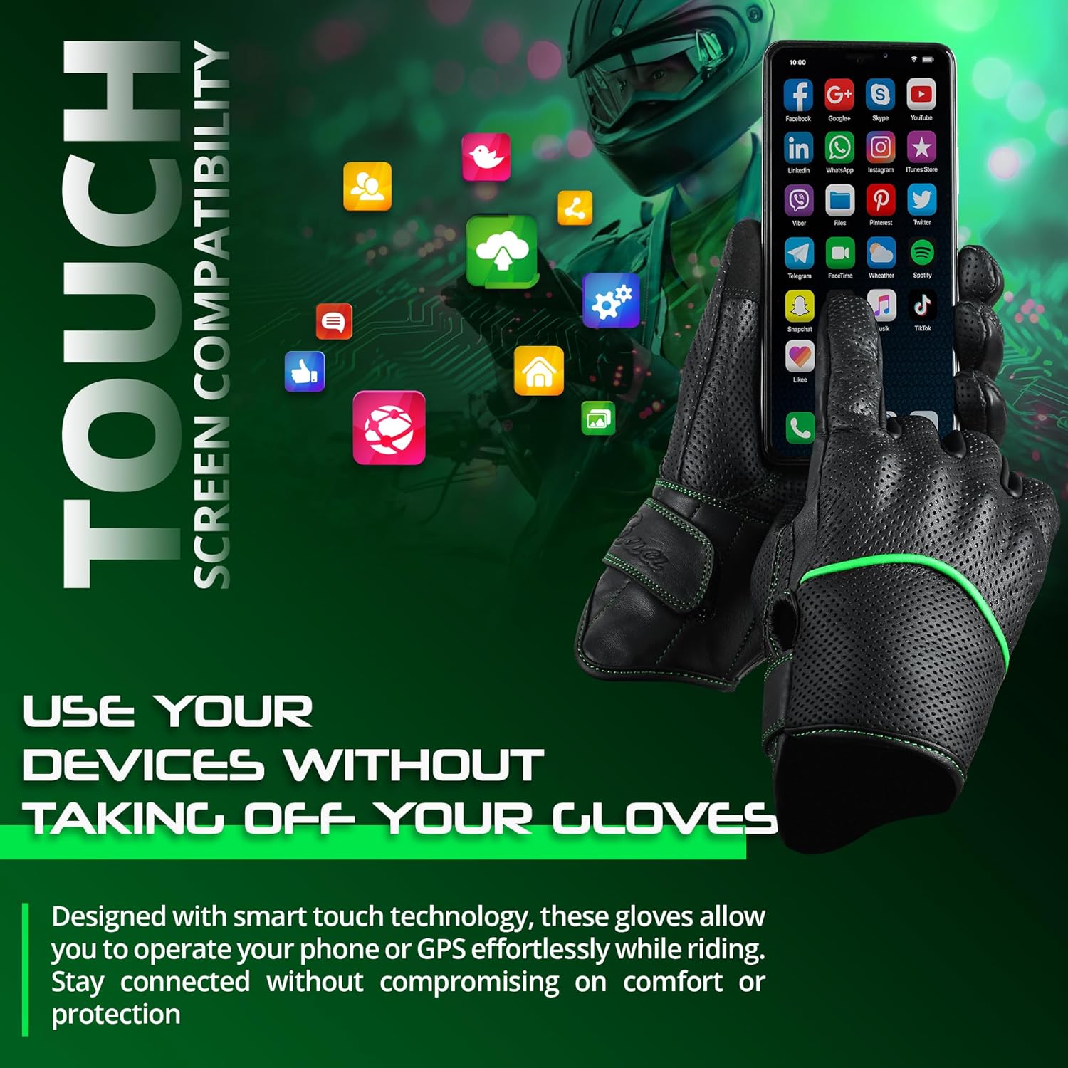 aasportx Motorcycle Gloves - Men's Leather Motorbike Gloves with Touchscreen Function - Non-Slip Pads for Men & Women