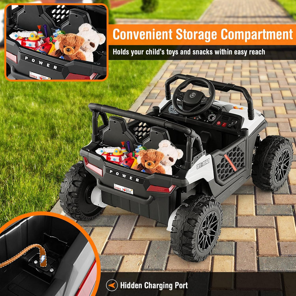 Costzon Kids UTV, 12V Battery Powered Electric Off-Road Car w/Remote Control, Sounds, Wireless Connection, 3 Speeds & 4-Wheel Suspension, Kids Ride on Truck, Gift for Boys & Girls 3+ Years Old (White)