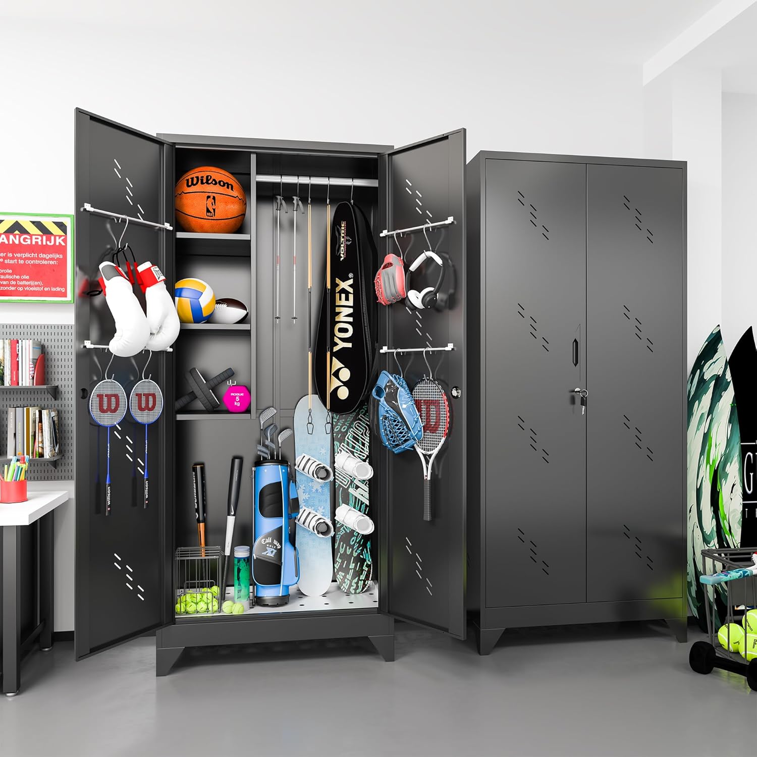 75" Metal Storage Cabinet, Tall Broom Cabinet, Garage Cabinets with Locking Doors, Black Outdoor Utility Broom Closet Storage Cabinets for Office, Bathroom, Warehouses