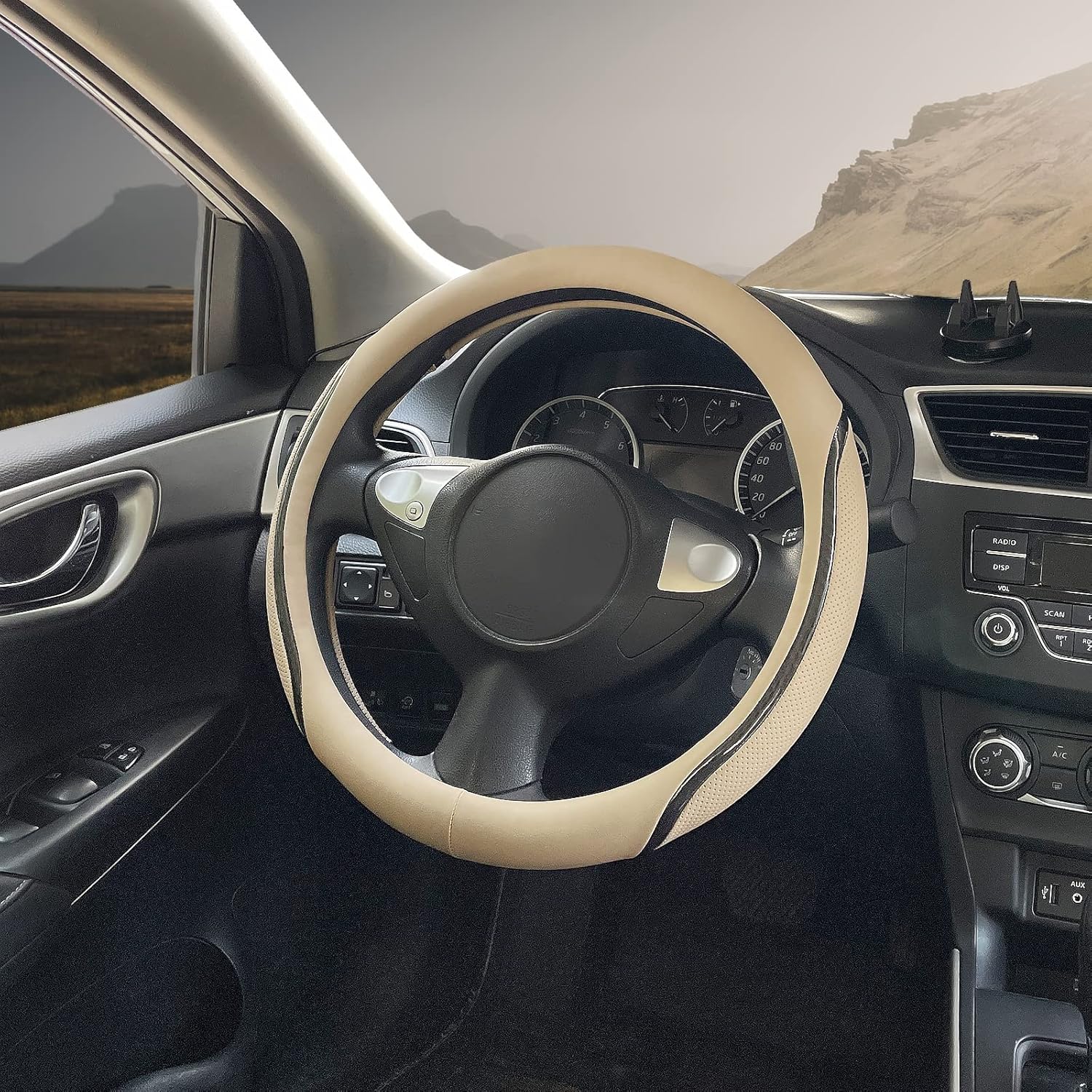 Car Steering Wheel Cover Beige, 14.5-15 inch Steering Wheel Covers with Coasters Microfiber Leather Carbon Fiber Breathable Anti-Slip Durable Universal Auto Steering Wheel Protective