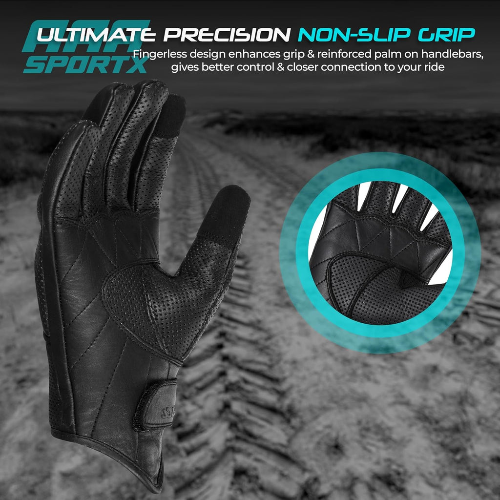 aasportx Motorcycle Gloves - Men's Leather Motorbike Gloves with Touchscreen Function - Non-Slip Pads for Men & Women