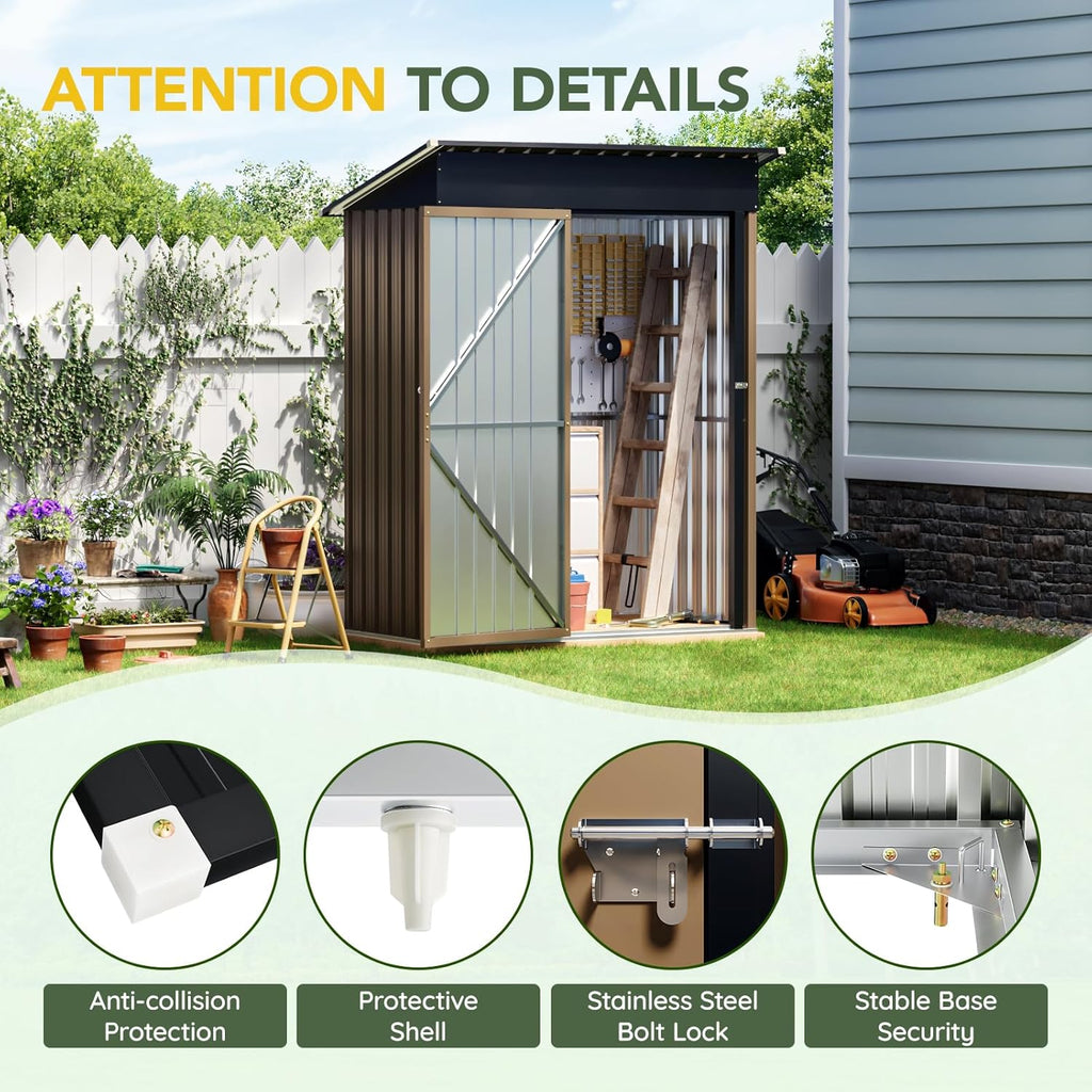 Breezz 5x3FT Vertical Outdoor Steel Storage Shed with Floor Frame, Lockable Doors, Compact Metal Tool Shed for Garden, Backyard, Patio, Utility, and Bike Storage,Brown