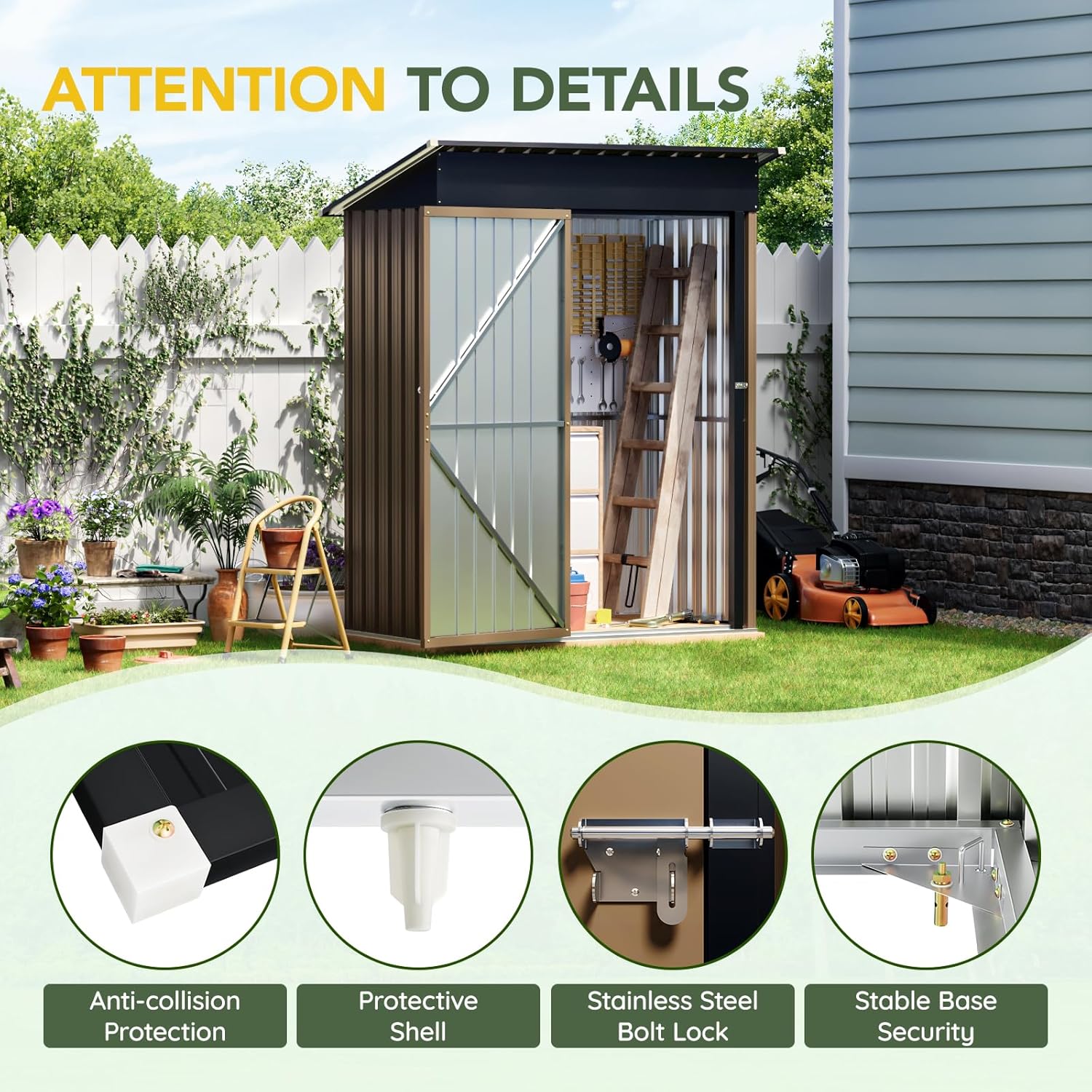 Breezz 5x3FT Vertical Outdoor Steel Storage Shed with Floor Frame, Lockable Doors, Compact Metal Tool Shed for Garden, Backyard, Patio, Utility, and Bike Storage,Brown