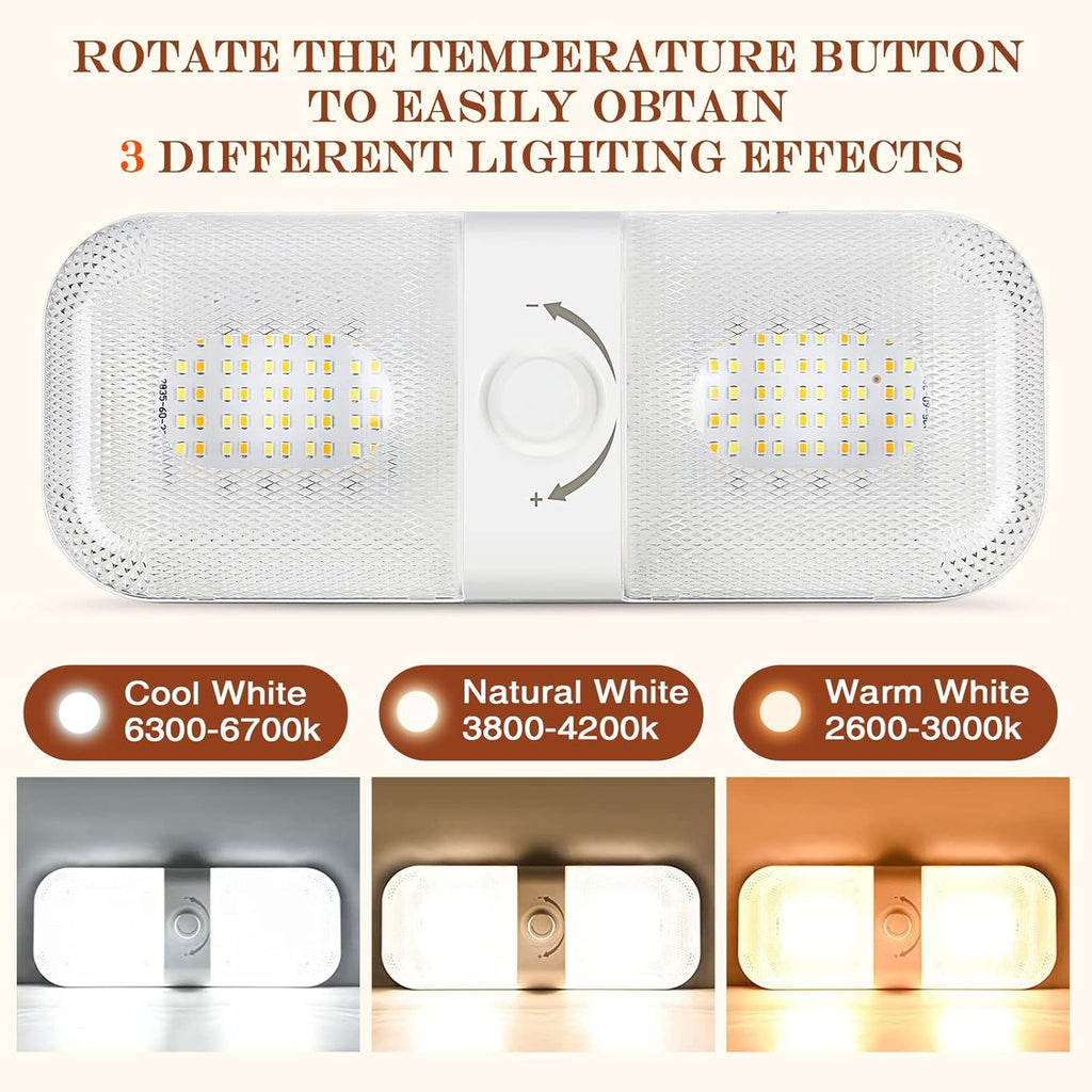 Retisee 10 Pcs RV Lights Interior 1700LM, 3 Color 12V RV LED Dome Lights Ceiling Double Lights Fixture with ON/Off for Camper/Car/Trailer/Boat, 2700-6700K