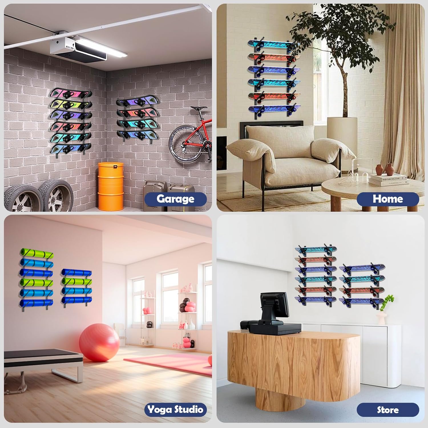 Skateboard Rack Wall Mount – Skateboard Wall Hanger, Snowboard Display Wall Mount, Ski Holder | 4-Floor Skateboard & Ski & Snowboard Storage Rack | Snowboard & Ski Lover Gifts