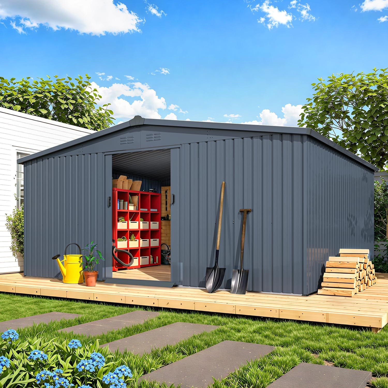 AECOJOY 12' x 14' Outdoor Storage Shed with Sliding Door, Outdoor Sheds & Outdoor Storage Clearance Backyard Shed Storage Cabinet, Large 14x12 Metal Storage Tool Shed