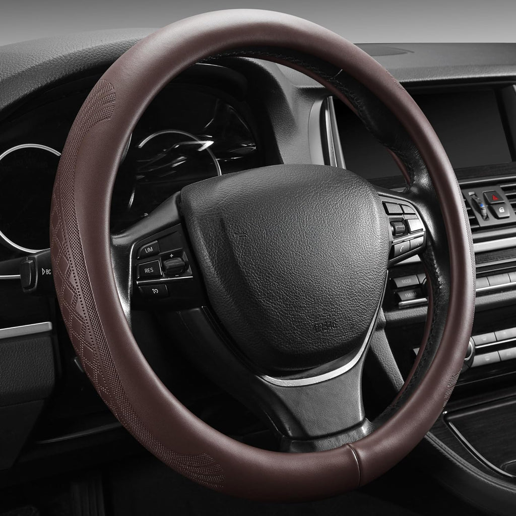 【2025 Model】 High-Grade Real Cowhide Steering Wheel Cover for Men Women，Brown Genuine Leather Steering Wheel Cover for Cars,Universal 14.5-15 inch Steering Wheels,Grid & Square Motif