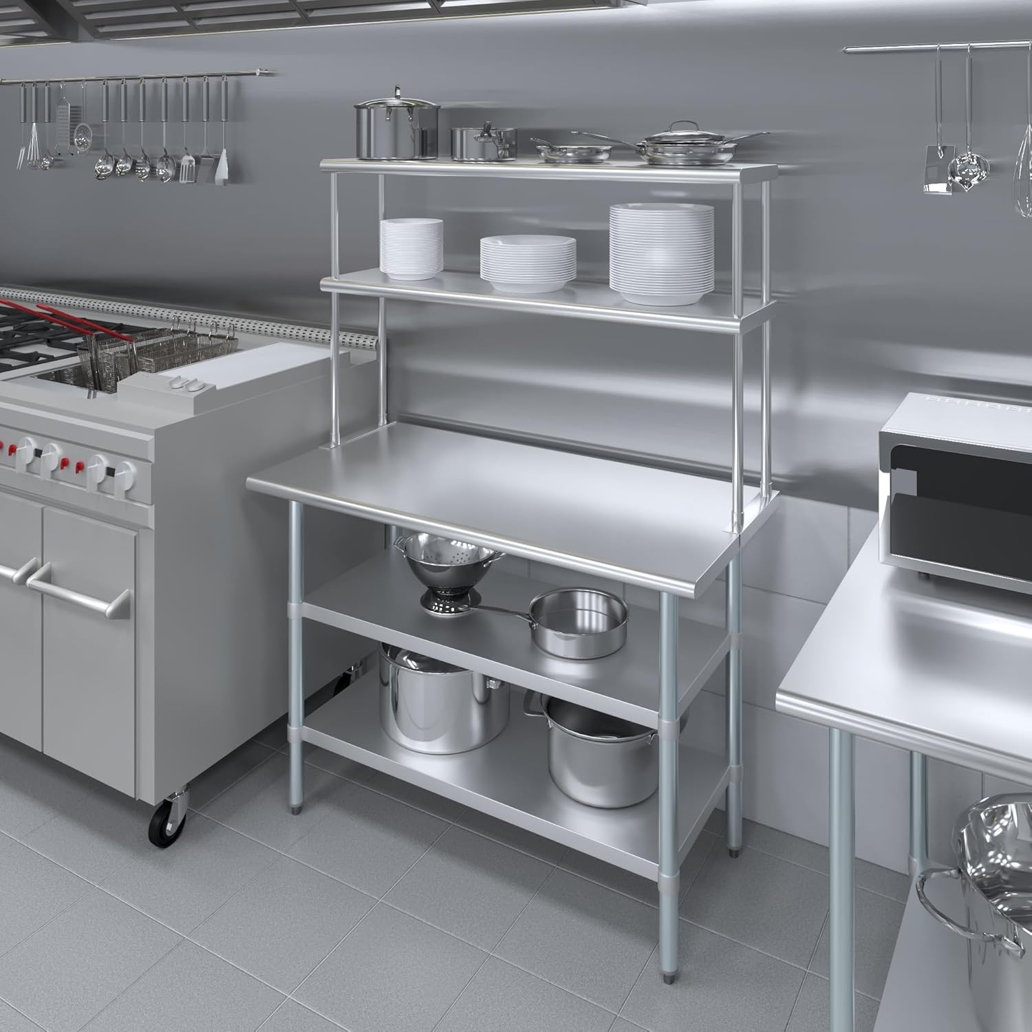 Amgood Stainless Steel Work Table with 2 Shelves | Metal Kitchen Prep Table & Shelving Combo (24" x 48" Table with 2 Shelves + 12" Overshelf)