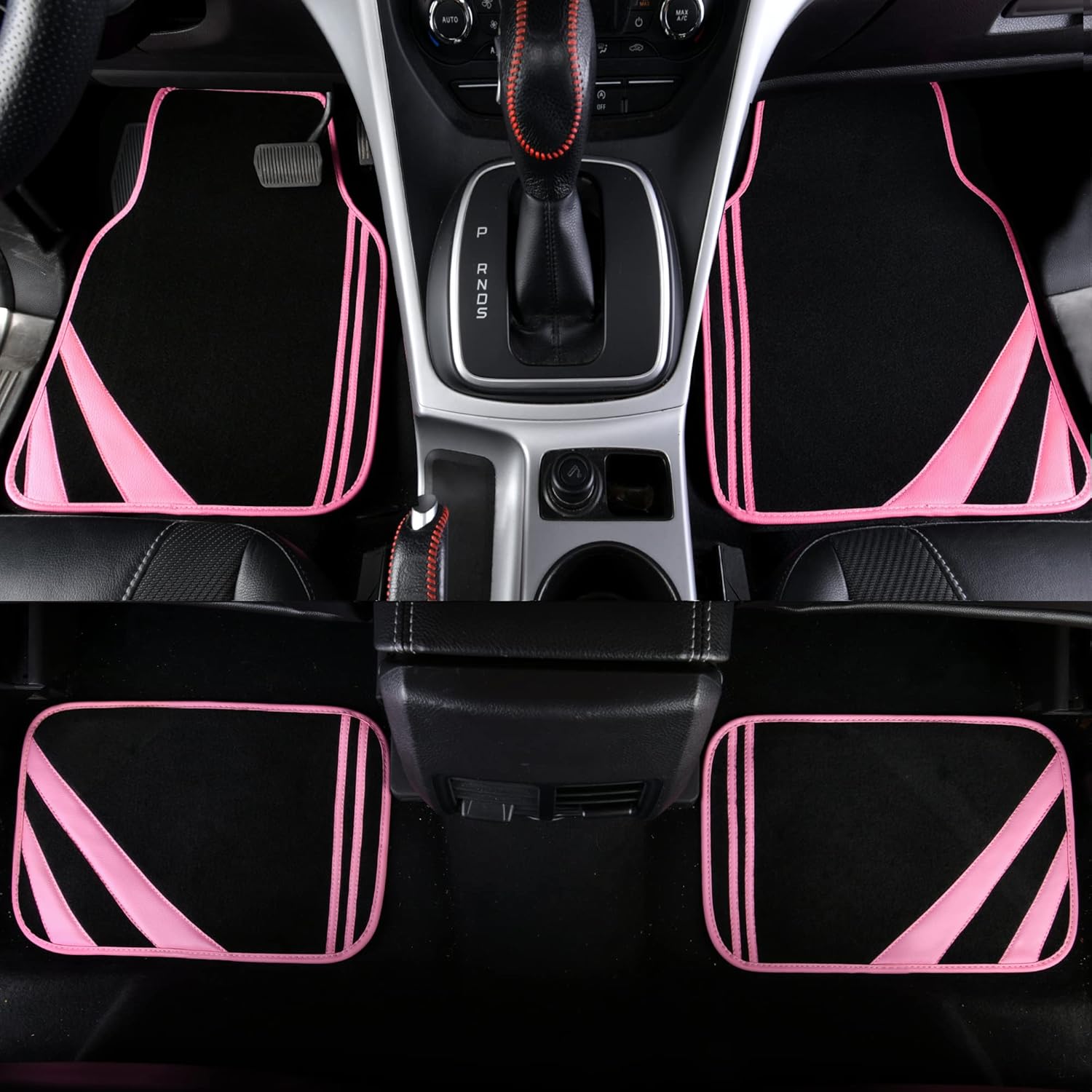 CAR PASS Pink Edge Faux Leather Car Floor Mats Universal Car Carpet Mats with Double Stitch Line Anti-Slip Backing Design, for Cute Girly Women, Fit 95% Automotive,SUVs,Sedan,Vans (Black and Pink)