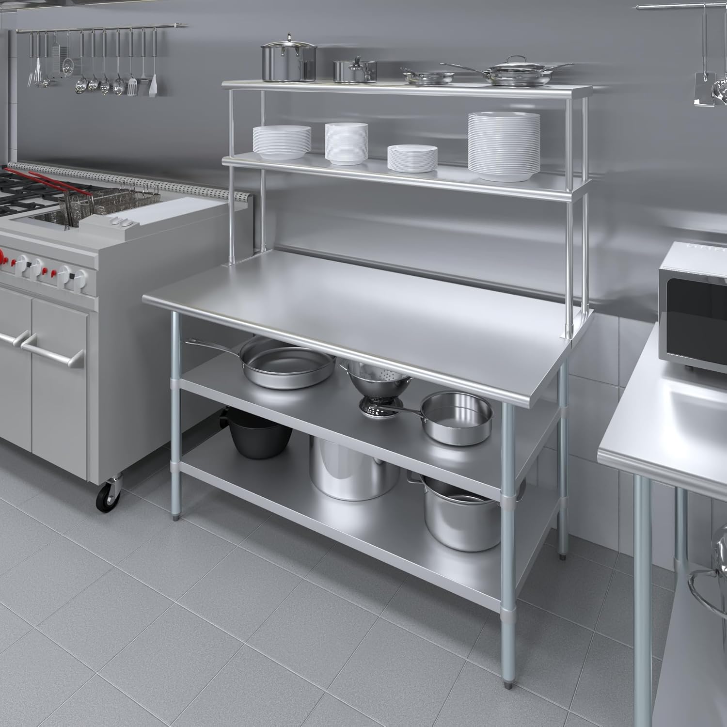 AmGood Stainless Steel Work Table with 2 Shelves | NSF (30" x 60" Table with 2 Shelves + 12" Overshelf)