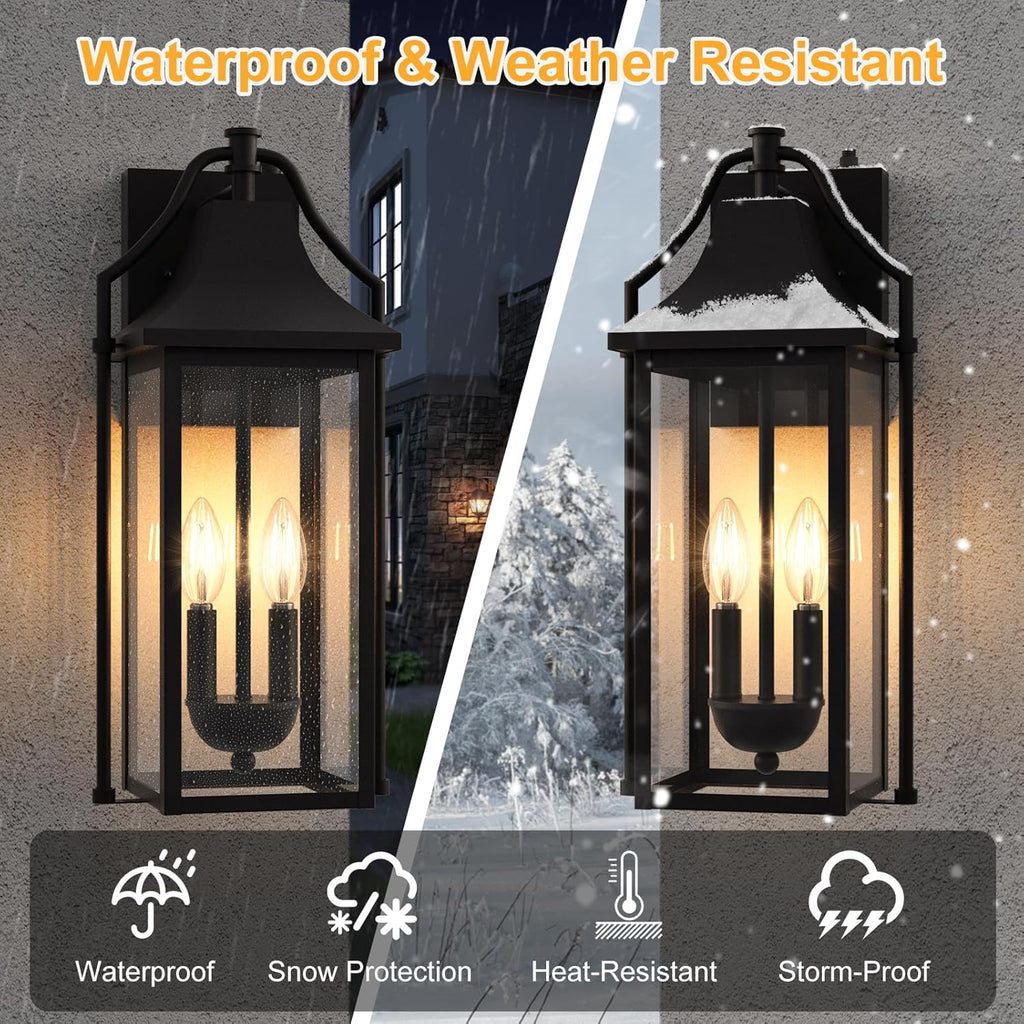 𝟏𝟖𝑰𝑵 Outdoor Wall Sconce Fixture, Dusk to Dawn Patio Lights Waterproof Exterior Lanterns, 2-Light Modern Wall Light Mounted with Glass, Black Outside Lights for House Front Door Entryway