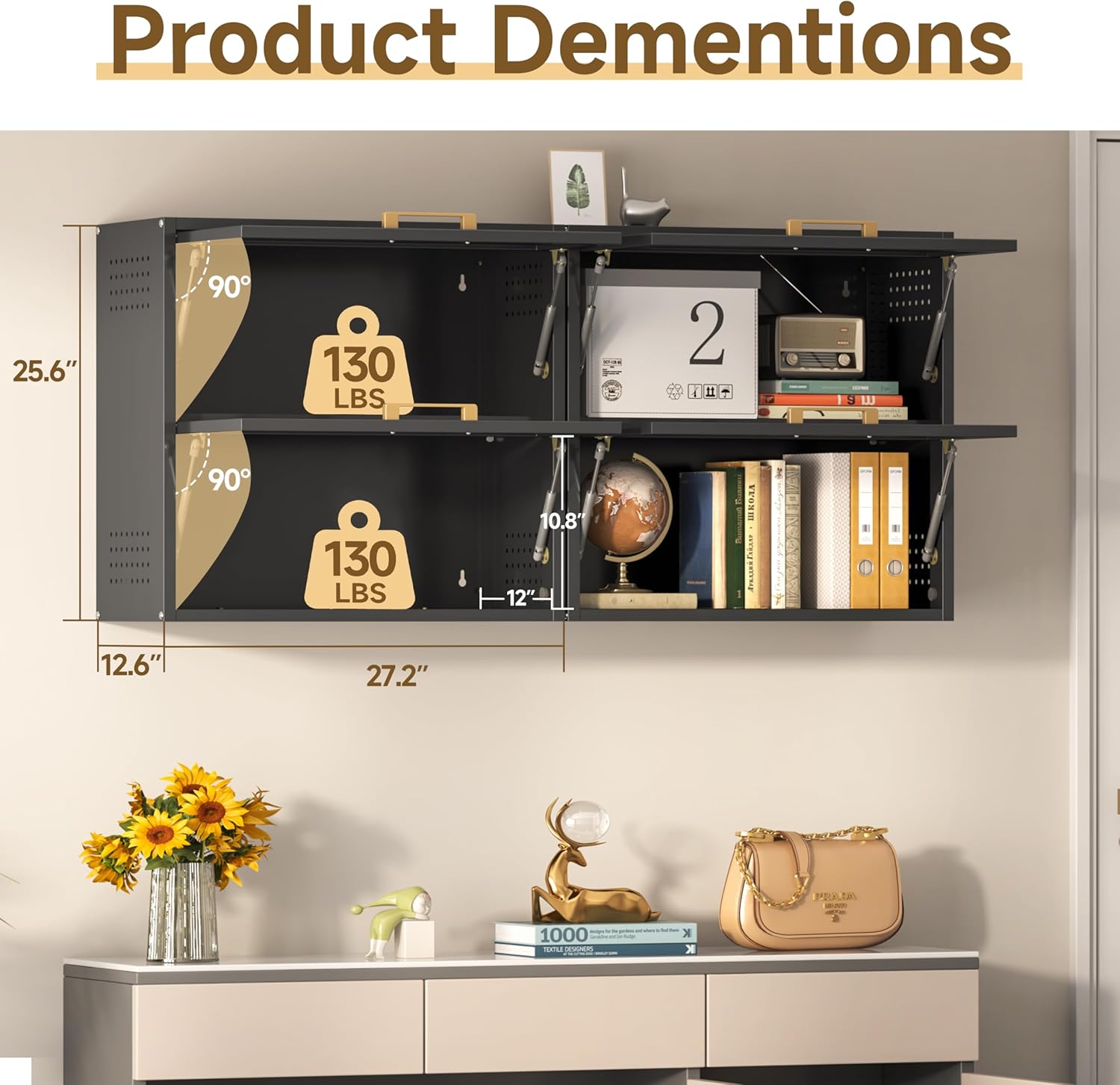 Metal Wall Cabinets with 2 Up-Flip Doors, Floating Steel Wall Mounted for Garage, Basement, Home Office, Kitchen, Warehouse - Black