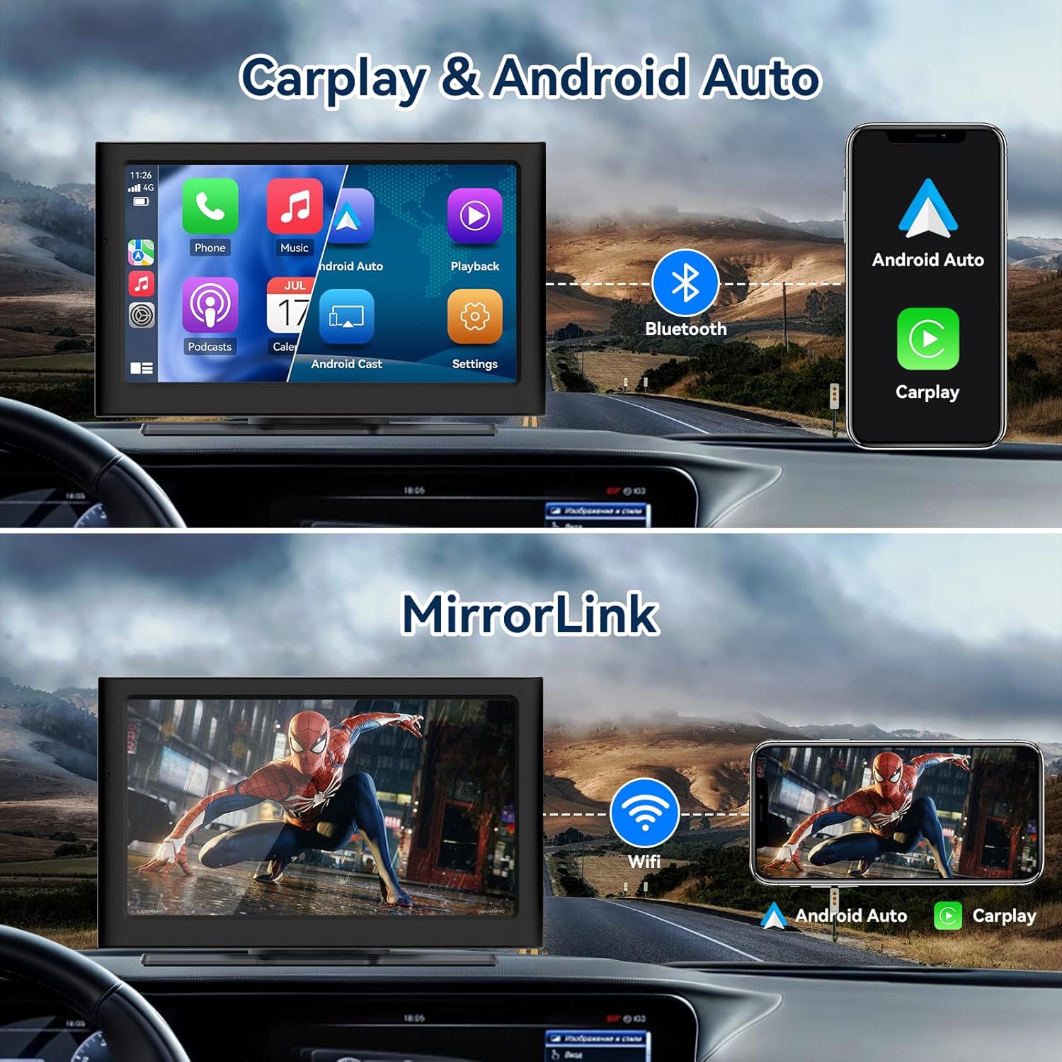 7” Wireless Carplay &Android Auto IPS Touch Screen, Portable Car Stereo with 4K Front Dash Cam + 1080p Backup Camera, Bluetooth/GPS Navigation/Mirror Link/Voice Control/Loop Recording with 64GB TFCard