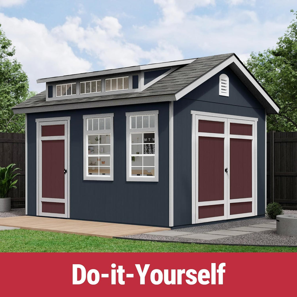 Handy Home Products Designer 12x10 Wooden Storage Shed with Dormer, Windows, and Floor Kit- Paint and Shingles not Included