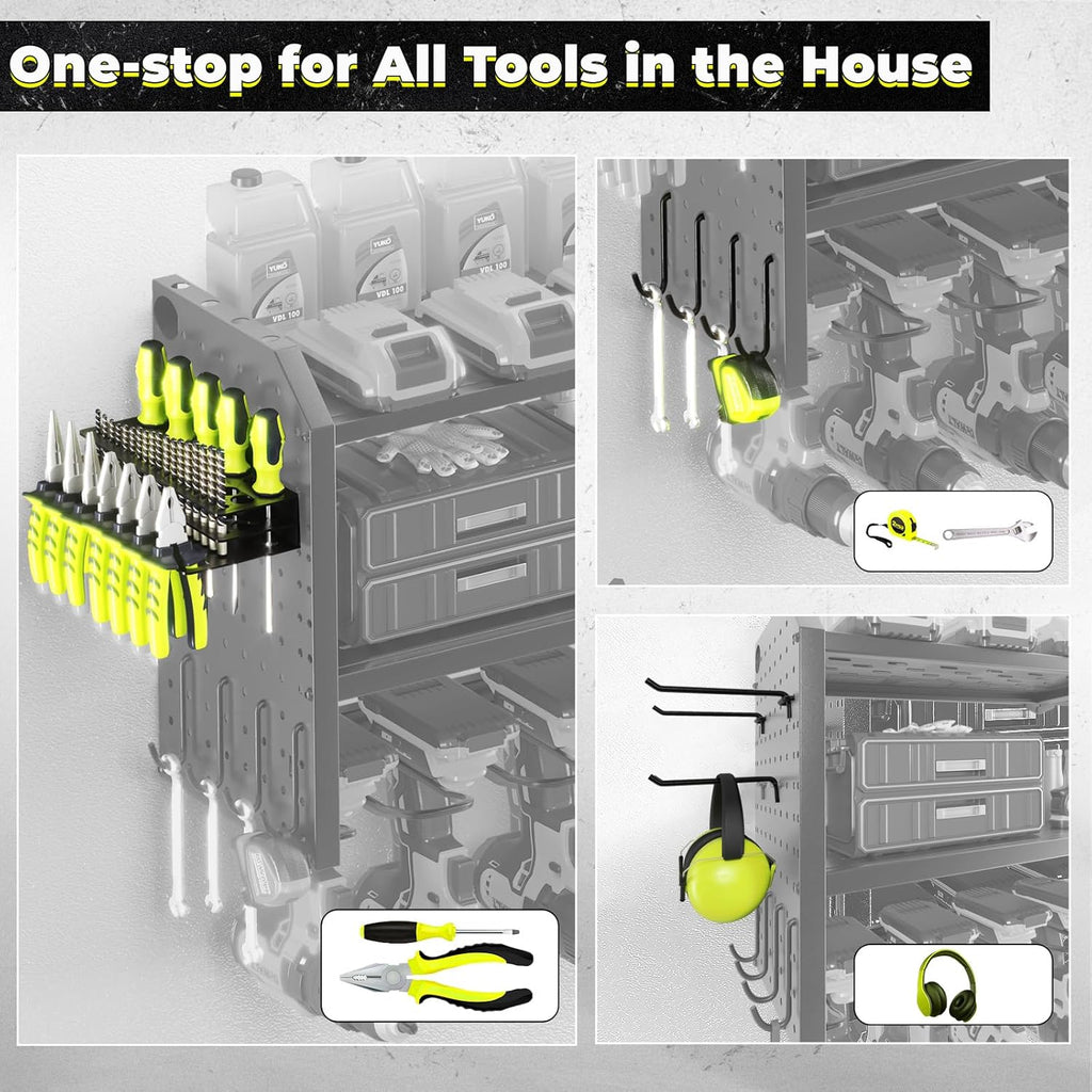 KAFAHOM Power Tool Organizer，Large 8 Drill Holder Wall Mount with 2 Side Pegboards,Metal Tool Shelf with 12 Hooks，Storage Rack for Garage Organization，Utility Cordless Drill Holder - Black