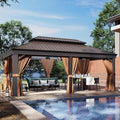 Aoxun 12' X 20' Permanent Hardtop Gazebo Aluminum Gazebo with Galvanized Steel Double Roof for Patio Lawn and Garden, Curtains and Netting Included, Brown