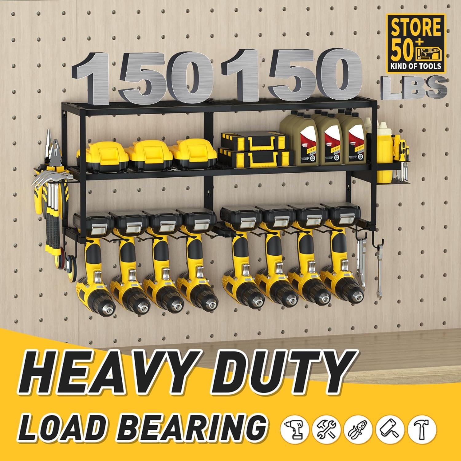Large Power Tool Organizer Wall Mount for Fathers Dad, 3 Extra Large Layers Heavy Duty Metal Garage Organization Loads 300lbs with 8 Cordless Drill Holder, Power Tool Shelf for Workshop, Utility Racks