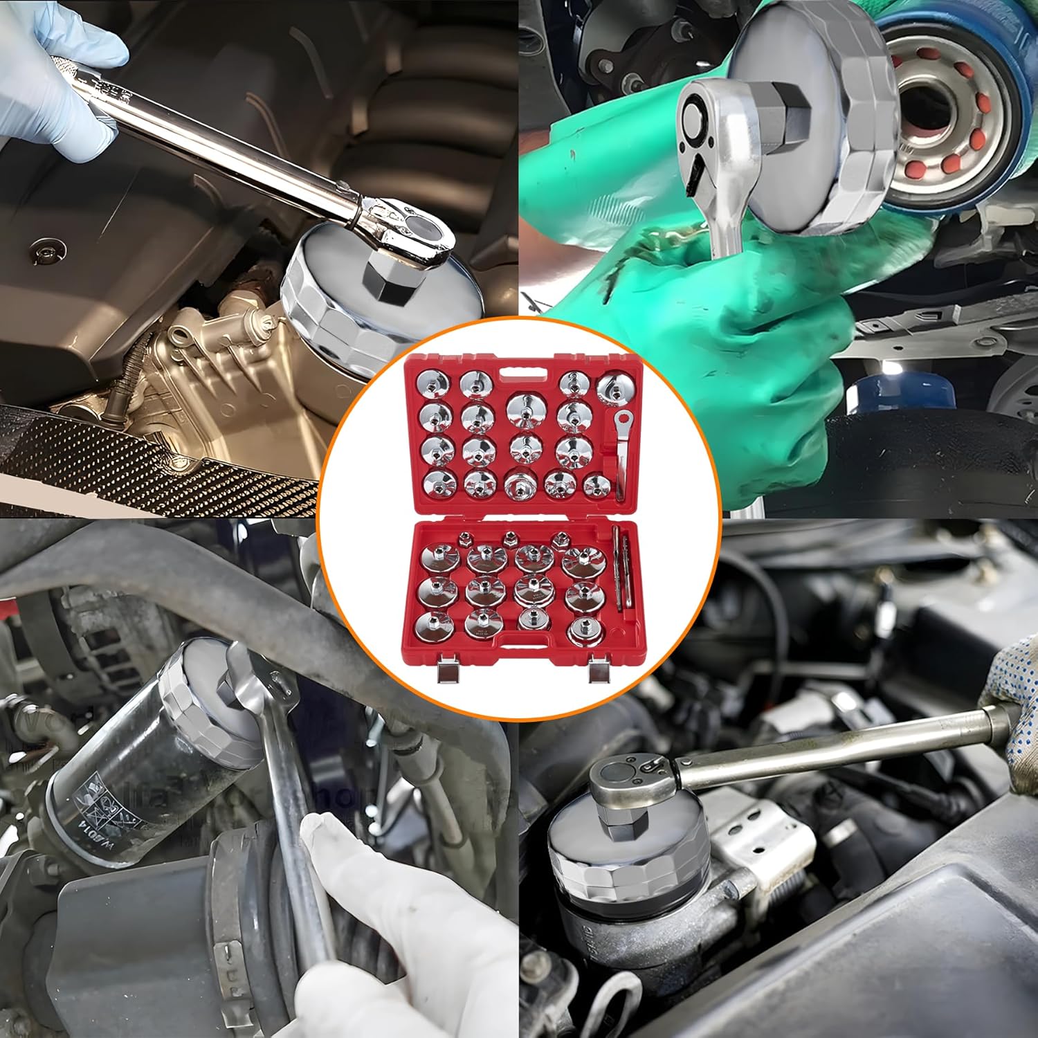 Auto Oil Filter Socket Wrench Set, Cup Type 1/2 inch Drive Cap Removal Tool, with Drain Plug Socket Set/Adjustable/Drive, Compatible, all Models Car, SUV, Oil Filter (35, RED)