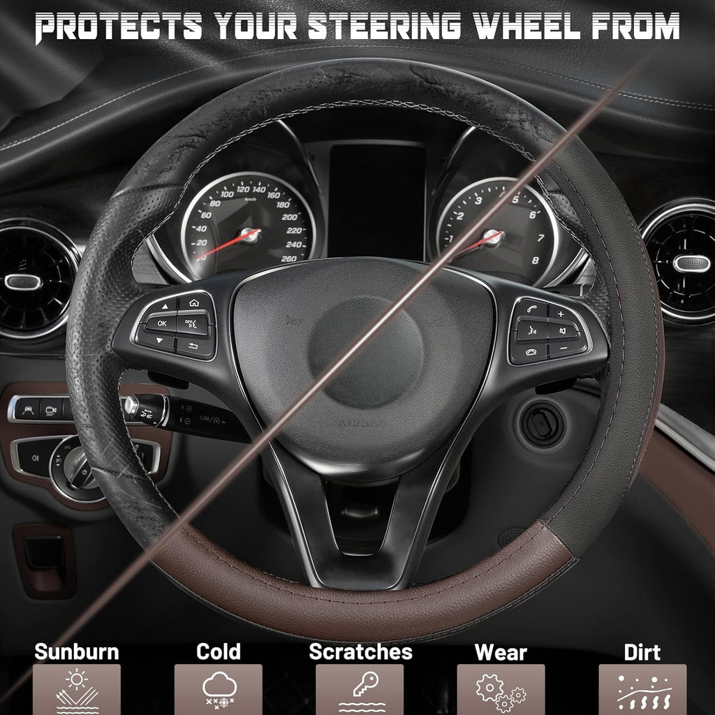 SEG Direct Steering Wheel Cover for Car, Standard Size 14.5-15 inch, Auto Interior Accessories, Black and Dark Brown