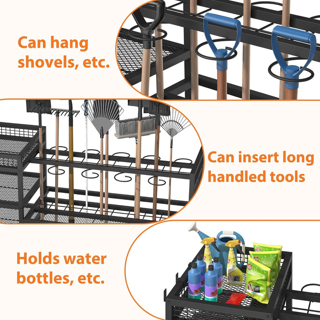 Garden Tool Organizer with Wheels-Movable Garden Tool Rack with Storage Hooks for Long-Handled Tools/Rakes/Brooms/Shovels,Heavy Duty Metal Garden Tool Storage for Garage,Shed,Garden,Black