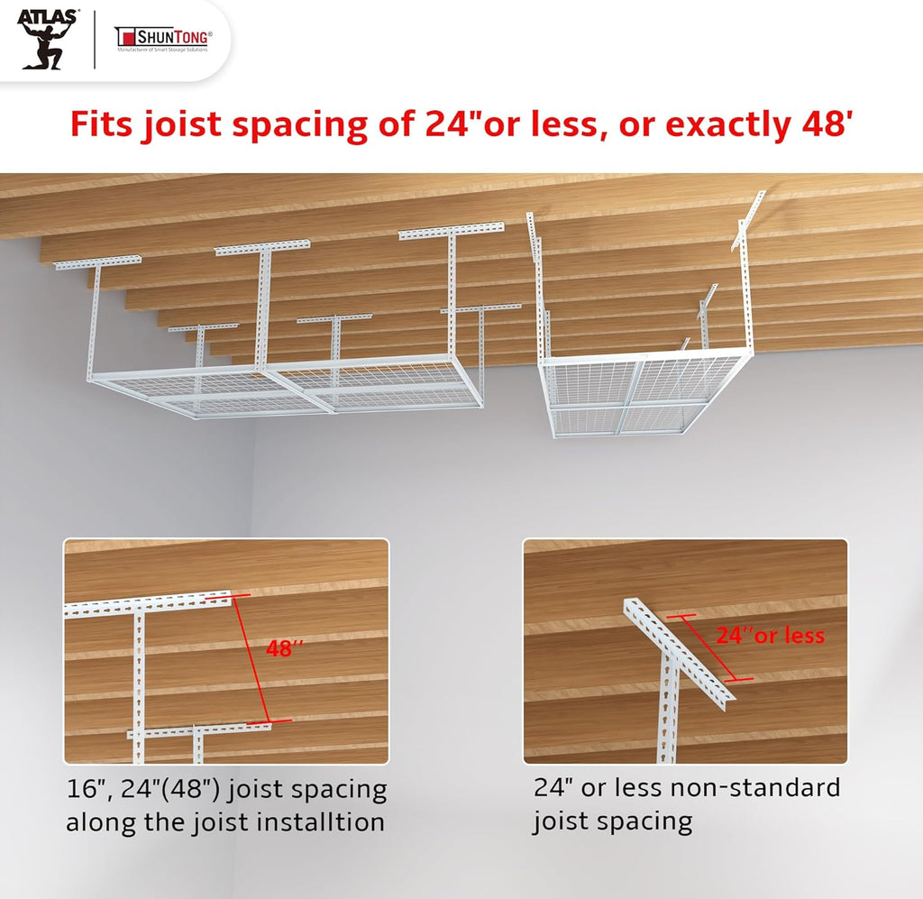 The Atlas Pro 4 x 8 ft Overhead Garage Storage Rack, Ultra Duty 1250lbs Weight Capacity, Adjustable Height 26"-48", White