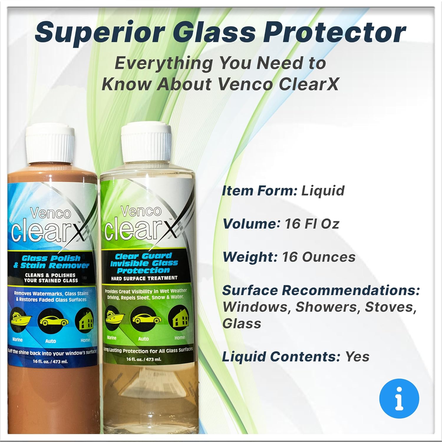 Venco Clear X Glass Polish & Protector - 16oz Kit for Removing Rust, Burnt-In Stains, Water Spots - Protects & Repels Water, Snow - Ideal for Yachts, Cars, Home Windows, RVs & More - Made in USA