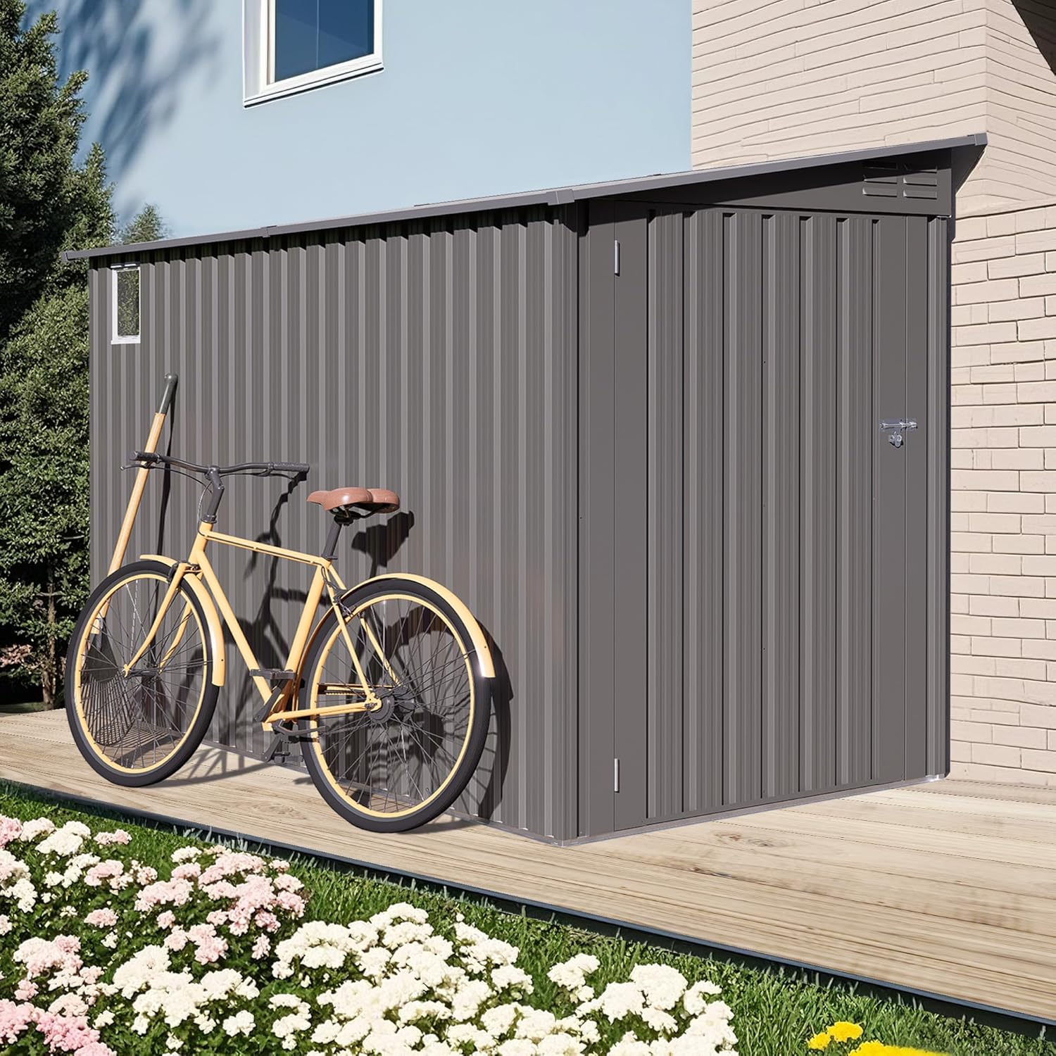 4x9 FT Outdoor Storage Shed,Lean to Metal Shed W/Window,All Weather Waterproof Garden Storage Shed W/ 6 Air Vents & 1 Lockable Door,Weatherproof Tool House W/Sloped Roof,for Lawn,Gray