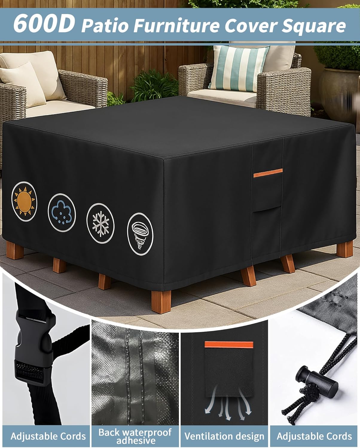 Outdoor Waterproof Furniture Cover, 94W x 94L x 28H inches Heavy Duty 600D Square Table and Chair Set Protection, Black