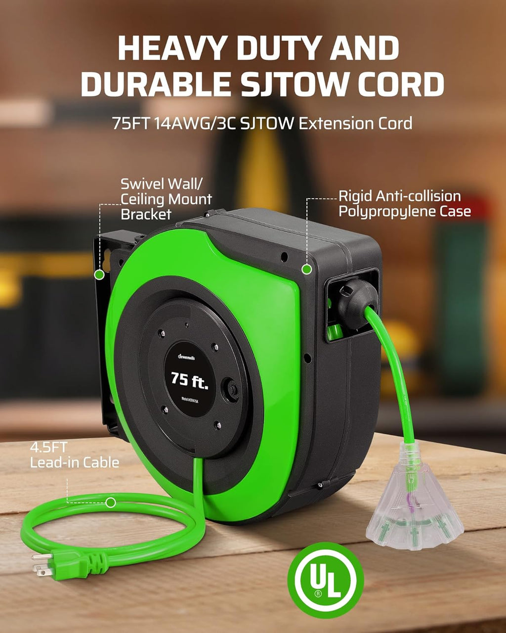 DEWENWILS Retractable Extension Cord Reel, 75 FT Heavy Duty Power Cord, 14/3C SJTOW Retractable Cord Reel, Lighted Triple Outlets, 10A Circuit Breaker, Wall/Ceiling Mount, UL Listed, Green