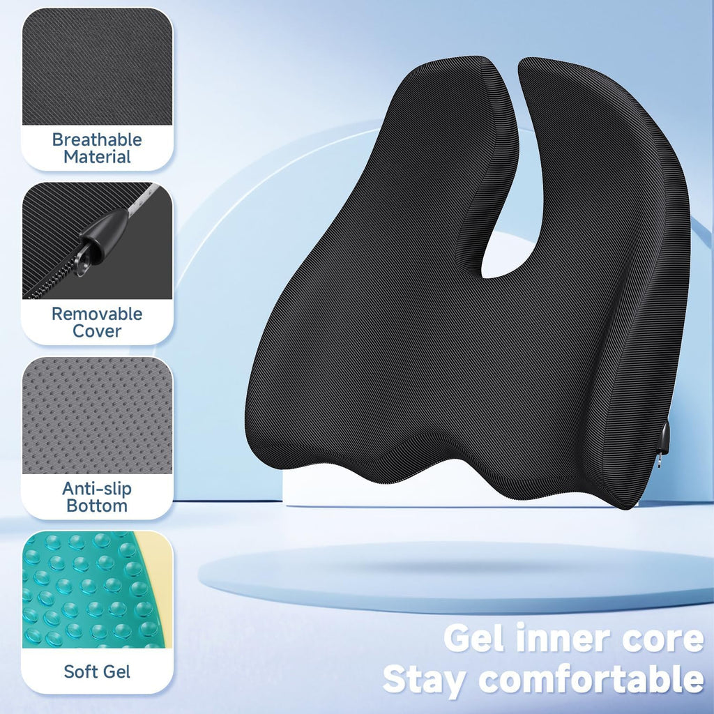 Benazcap X Large Gel Seat Cushion for Office Chair Ergonomic Cushions-Gel & Memory Foam Coccyx Butt Pillow for Sciatica & Back Pain Relief for Long Sitting for Gaming Chair and Car Seat-Black