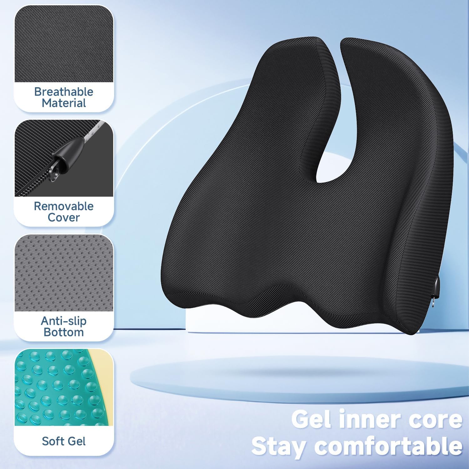 Benazcap X Large Gel Seat Cushion for Office Chair Ergonomic Cushions-Gel & Memory Foam Coccyx Butt Pillow for Sciatica & Back Pain Relief for Long Sitting for Gaming Chair and Car Seat-Black