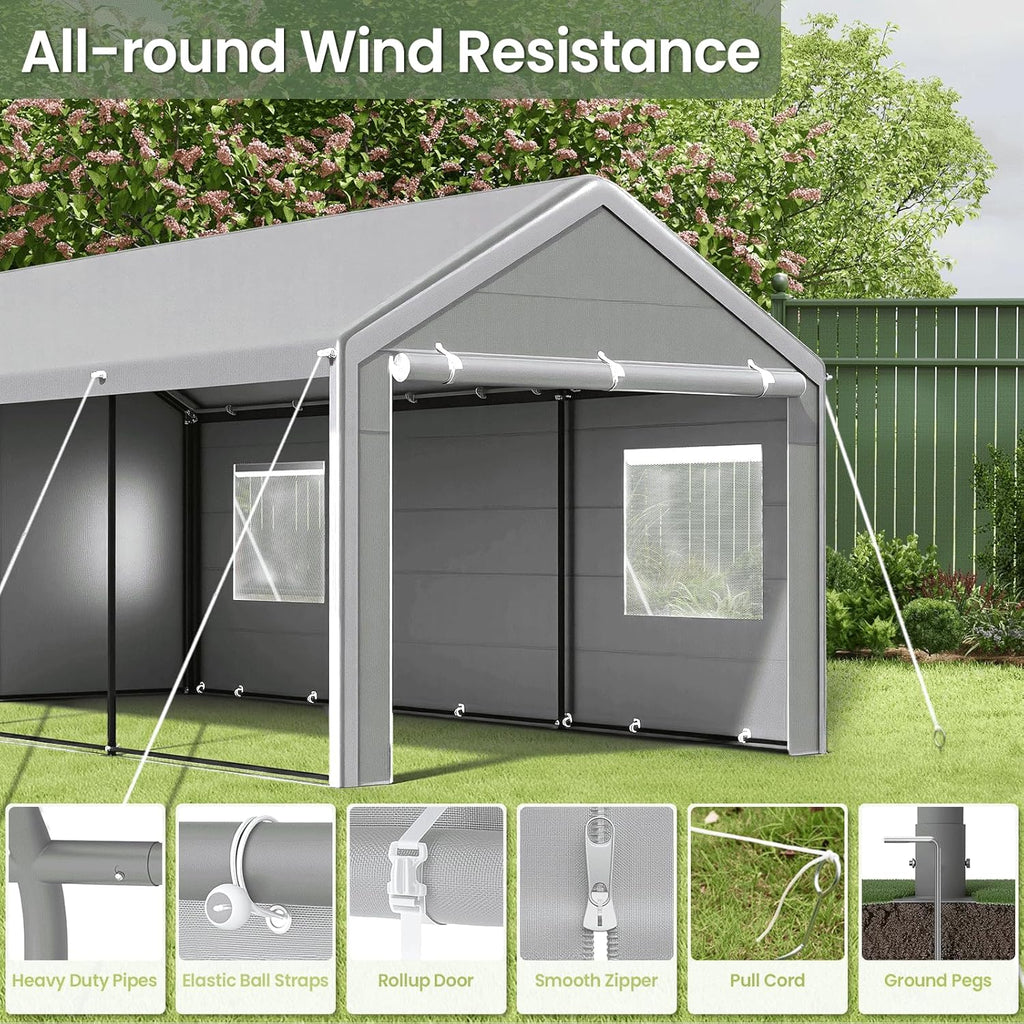 Carport 10x20 Ft, Heavy Duty Car Canopy with Reinforced Ground Bar, Portable Garage with Roll-up Windows and Removable Sidewalls, Galvanized Car Shelter, Large Outdoor Storage Shed (Grey)