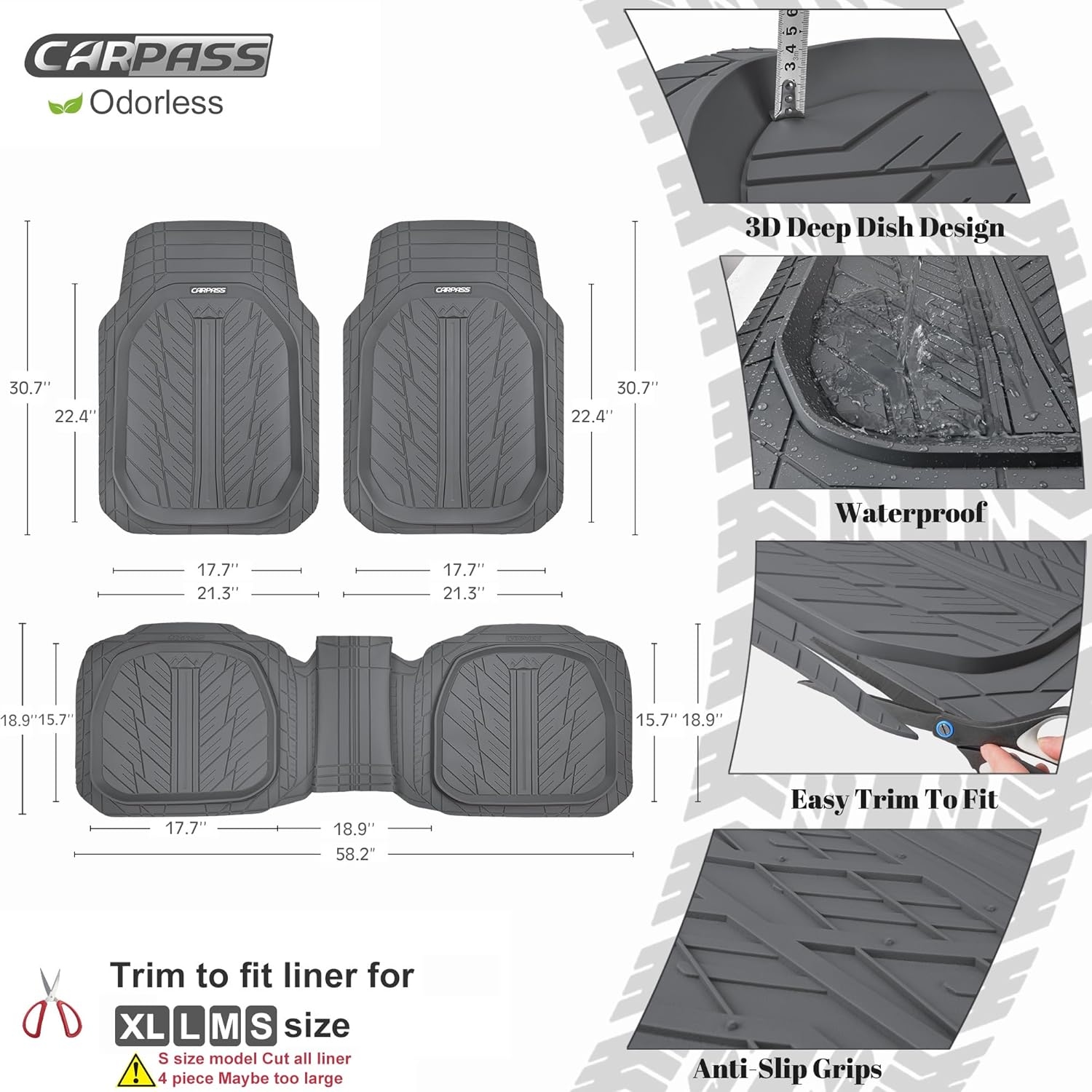 CAR PASS DeepDish Floor Mats for Cars Full Set,Heavy Duty Rubber Car Mats 3-Piece,Universal Waterproof Trim-to Fit Automotive Floor Mats for Truck Van SUV, Durable All-Weather Car Mats(Pure Gray)
