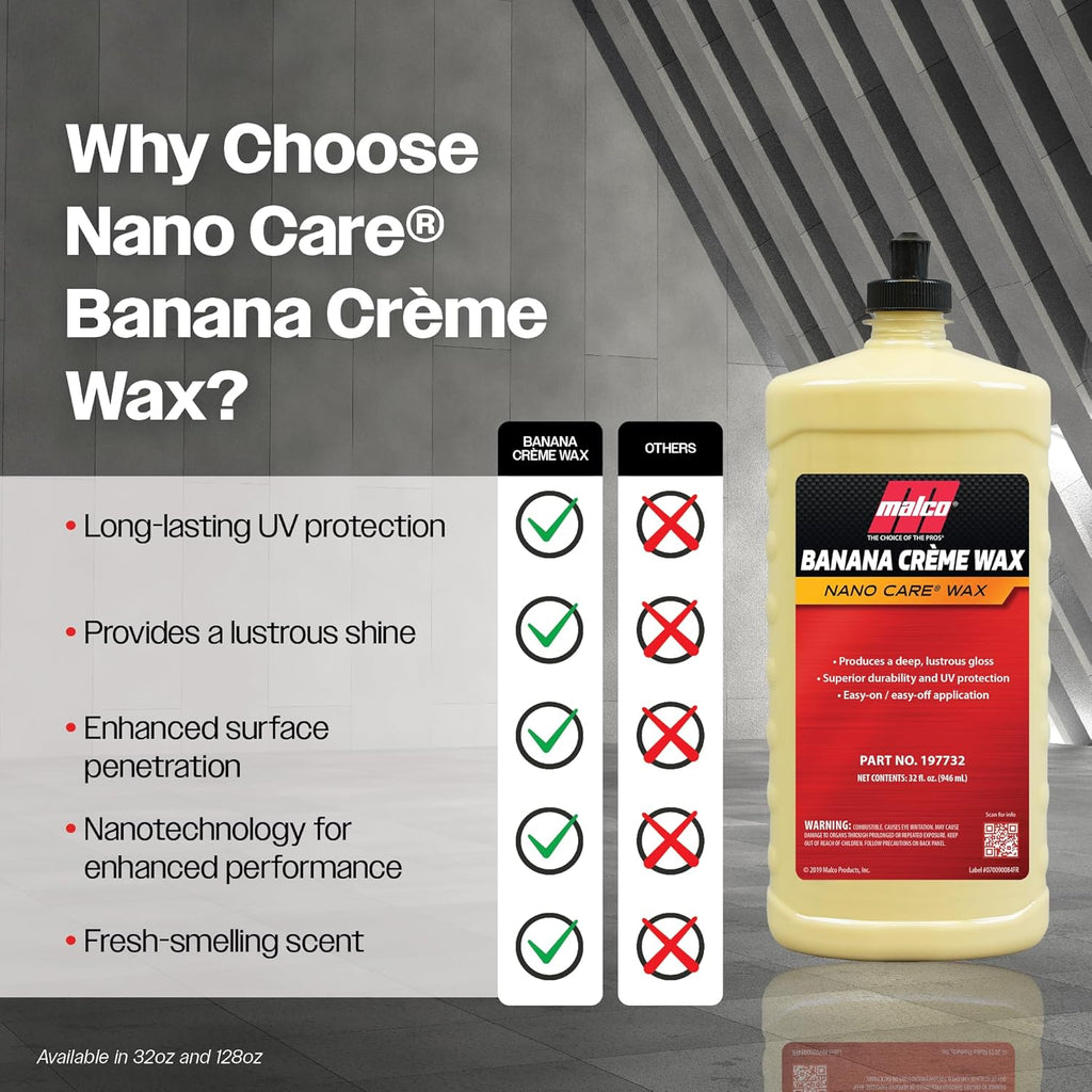Malco Nano Care Banana Creme Wax - Deep Gloss Shine and Long-Lasting UV Protection/For Automotive, Marine and Industrial Finishes / 32 oz. (197732)