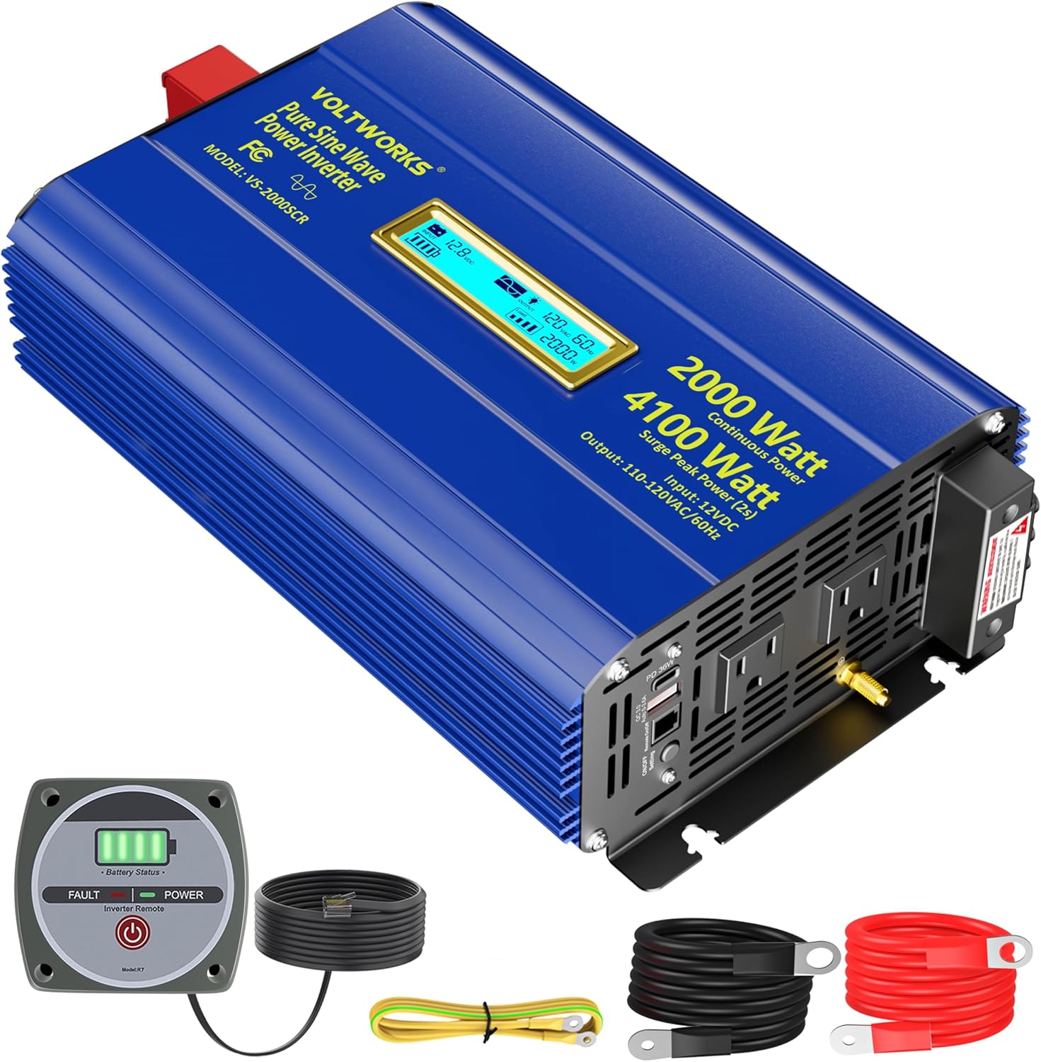 Power Inverter 2000Watt Pure Sine Wave Inverter 12V to 110V 120V AC 4100W Surge Peak Power for 2 Seconds Builtin UL Fuses PD36W USB-C,Compatible with Lithium Battery Starlink for Car Off-Grid Solar RV