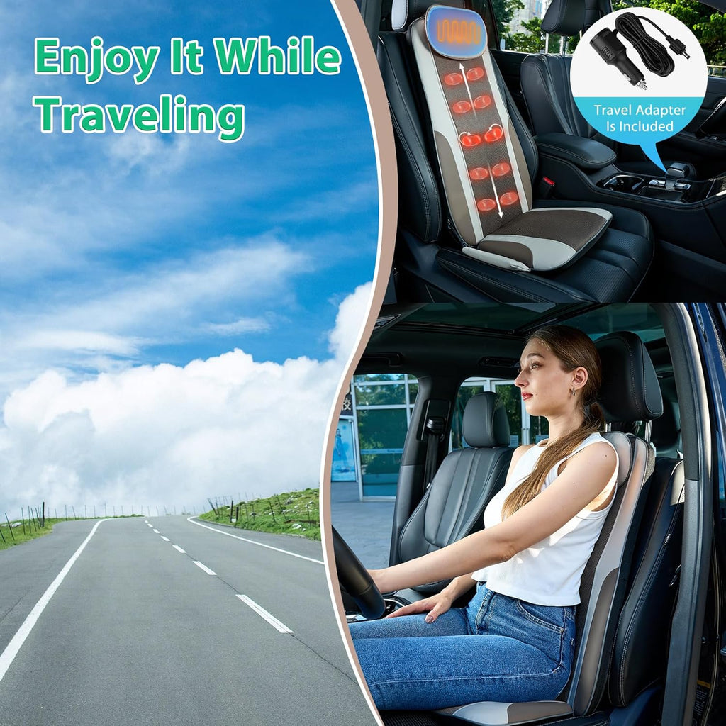 Shiatsu Back Massager with Heat, Massage Chair Pad Seat Cushion for Stress Relief, Deep Tissue Kneading & Roller, 2 Vibration Motors, Back Waist Hip Massager, PU Leather, with 2 Adapters