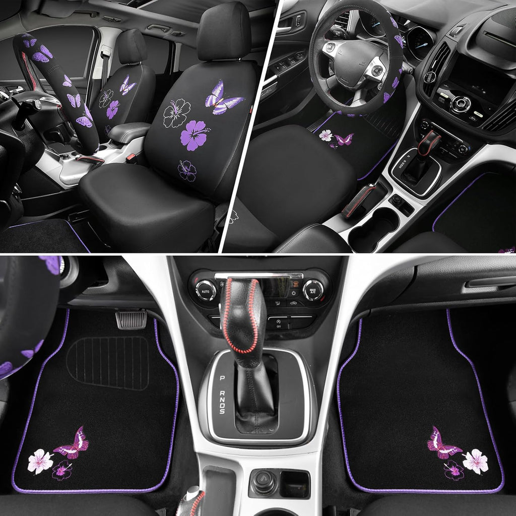 CAR PASS Universal Cloth Butterfly Car Seat Covers Full Set, Embroidered Flower Waterproof Car Floor Mats Carpet, Butterflies Steering Wheel Cover for Car Accessories Interior Sets (Black and Purple)