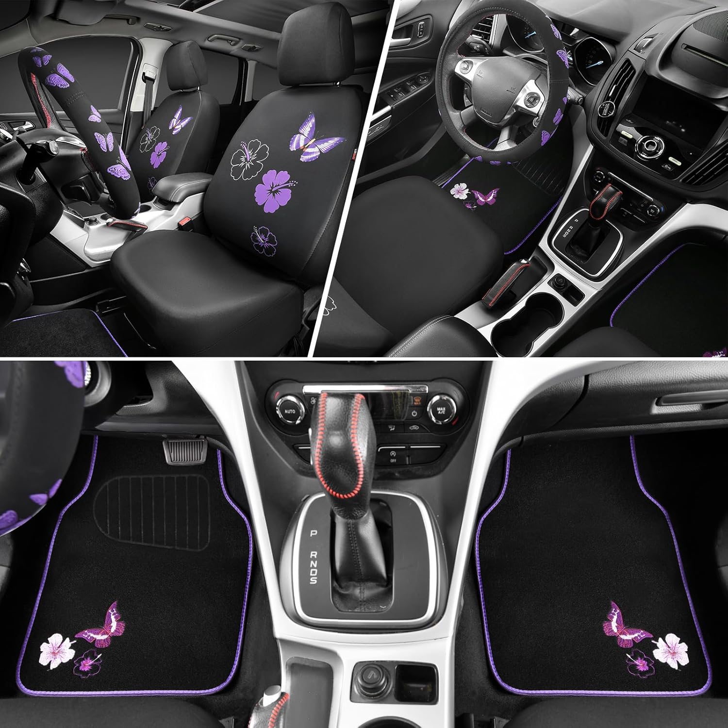CAR PASS Universal Cloth Butterfly Car Seat Covers Full Set, Embroidered Flower Waterproof Car Floor Mats Carpet, Butterflies Steering Wheel Cover for Car Accessories Interior Sets (Black and Purple)