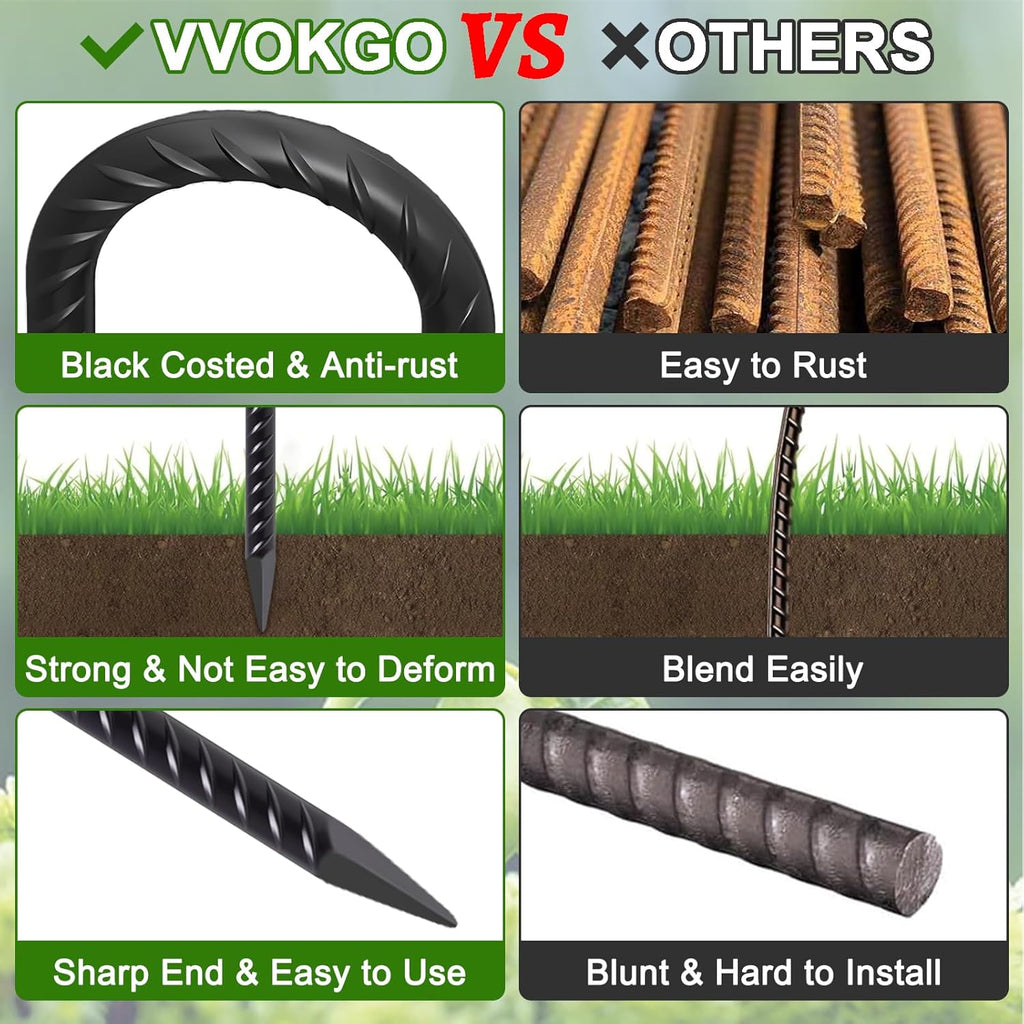 VVOKGO Rebar Stakes 18 Inch J Hook Heavy Duty Ground Anchors (32-Pack), 3/8" Diameter Metal Steel Extra Long Fence Stakes with Chisel Point End for Greenhouse, Gazebo, Carport, Camping Tents, Black