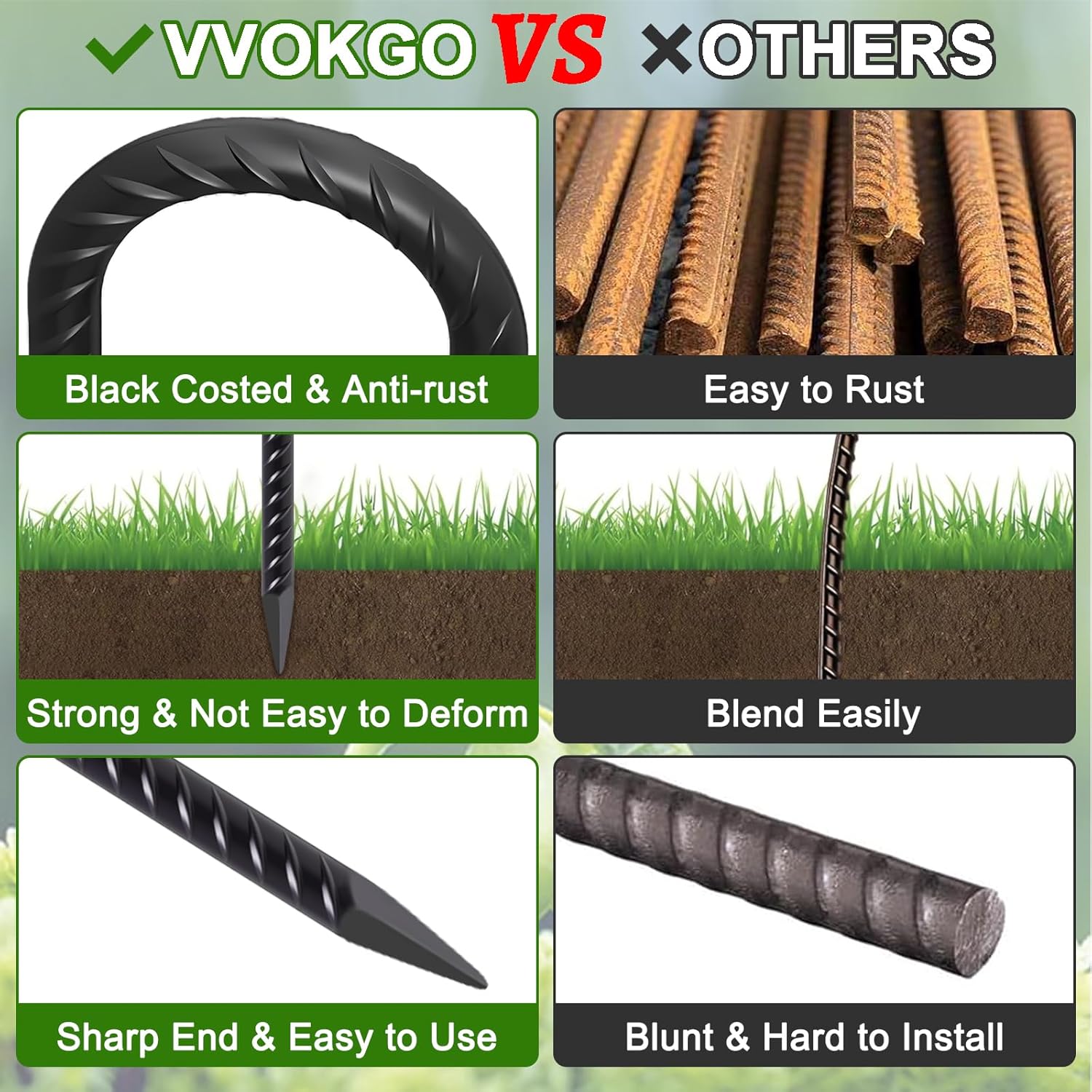 VVOKGO Rebar Stakes 18 Inch J Hook Heavy Duty Ground Anchors (32-Pack), 3/8" Diameter Metal Steel Extra Long Fence Stakes with Chisel Point End for Greenhouse, Gazebo, Carport, Camping Tents, Black