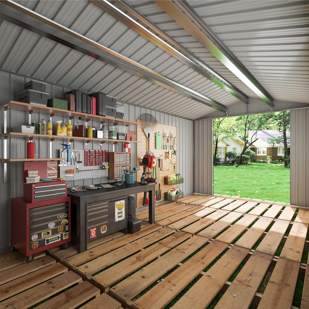 WKM 10x10 FT Outdoor Storage Shed, Utility Metal Tool Storage with Lockable Doors and Updated Frame Structure, Metal Garden Shed for Backyard, Patio Lawn, Black
