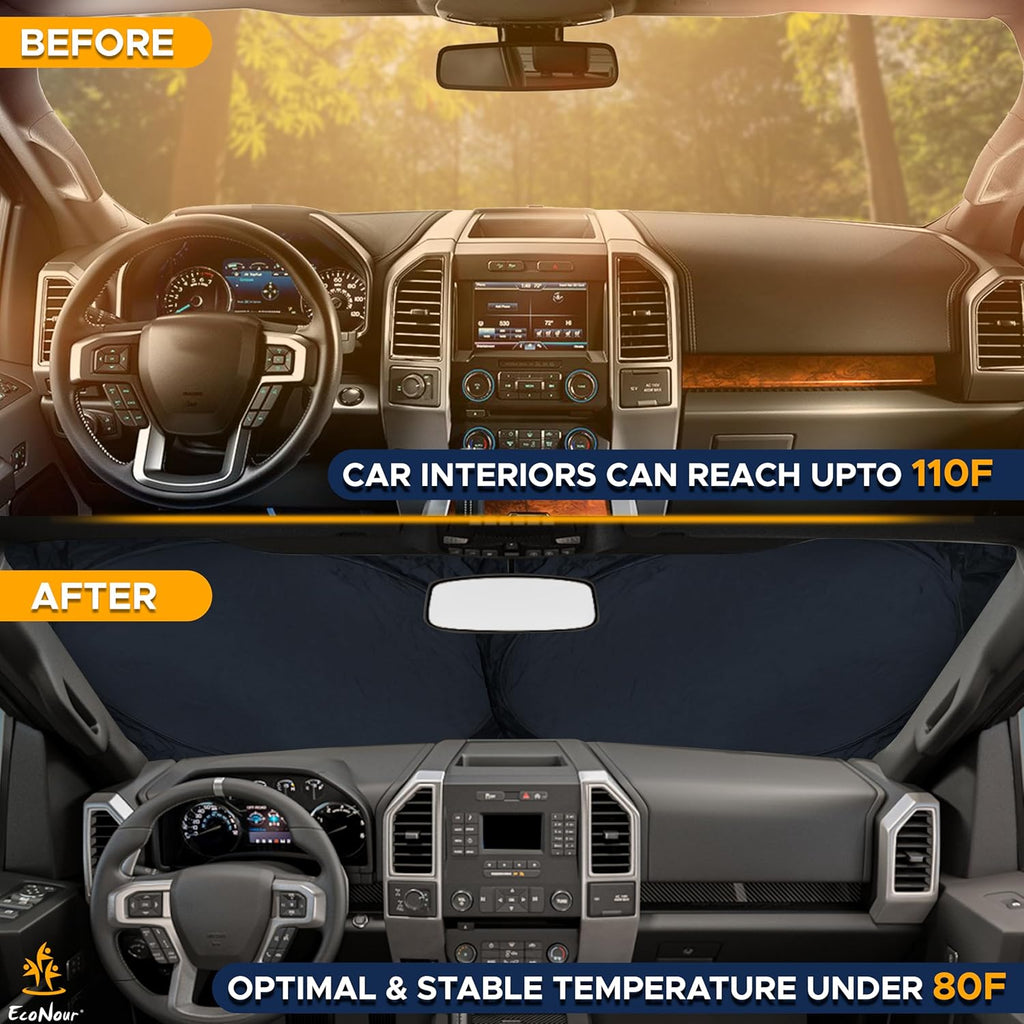 EcoNour Truck Windshield Sun Shade with Storage Pouch | Reflective 240T Material Sun Shield for UV & Heat Protection | Foldable Windshield Cover | Must-Have Truck Accessories | X-Large (69"x35")