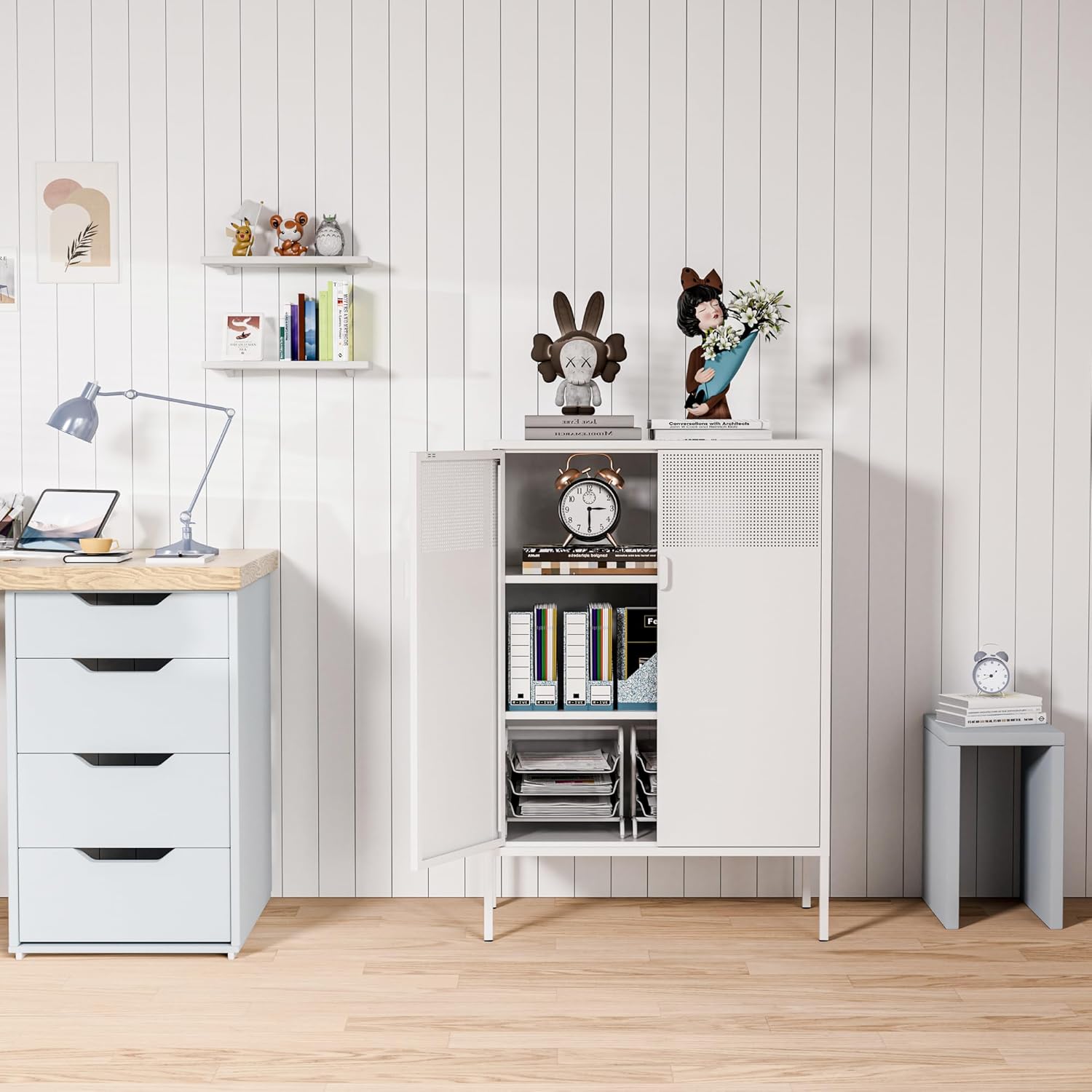 2 Mesh Door Metal Storage Cabinet with Adjustable Shelves, Multipurpose White Storage Cabinet, 3-Tier Office Cabinet,Metal Storage Cabinet for Office Home,Hallway (White, 47''H)