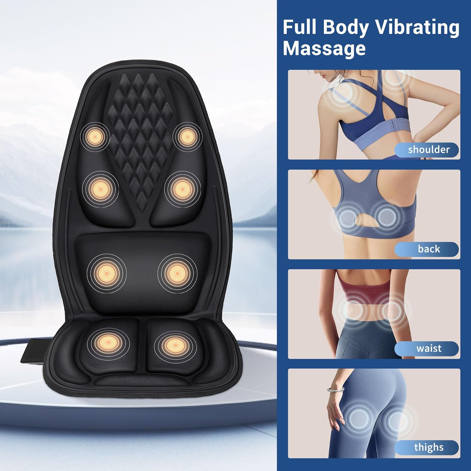 Back Massage Chair Pad with 3D Lumbar Support, Electric Back Massager for Pain Relief, Massage Seat Cushion with 3 Vibration Intensities & 2 Heat Levels