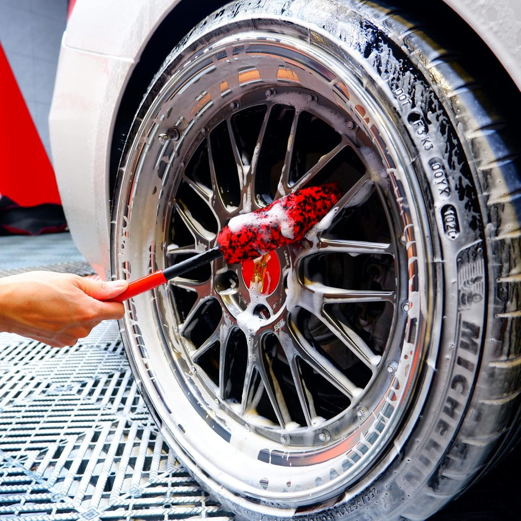 Professional 4 Pack Long Handle Wheel Brush Kit for Cleaning Wheel and Tire- 2X Soft Wheel Cleaning Brush, Detailing Brush and Stiff Tire Brush, Bendable& Durable Wheel Rim Cleaner Brush Set