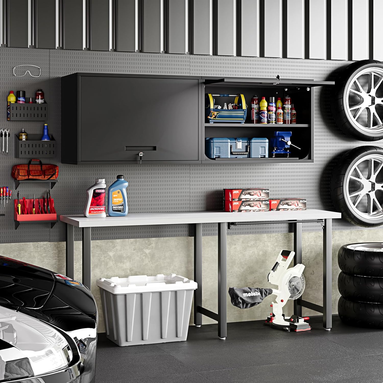 Metal Wall Storage Cabinet Adjustable Shelf 22'' Tall Steel Garage Wall Mounted Cabinet Lockable Floating Garage Storage Shop Trailer Tool Assembly Required