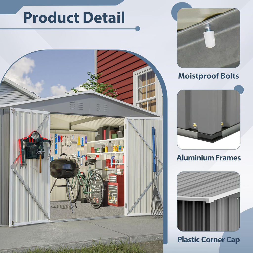 10×8 FT Metal Outdoor Storage Shed, Large Garden Sheds with Lockable Doors, All Weather Anti-Corrosion Galvanized Steel Tool House for Backyard Garden Lawn,Grey